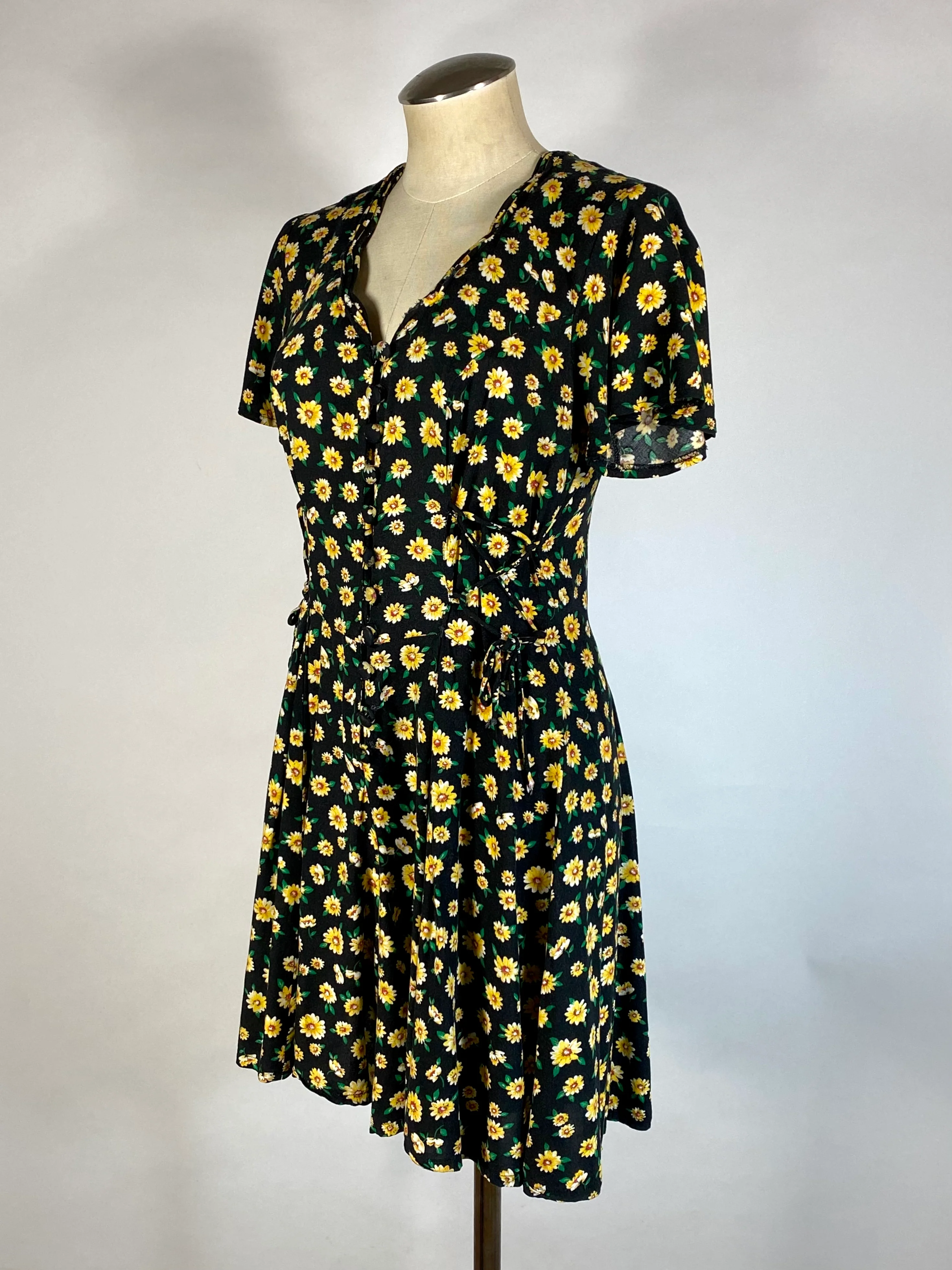 90s Daisy Print Black Lt Wt Rayon Romper With Lacing By Westport Ltd - Image 3