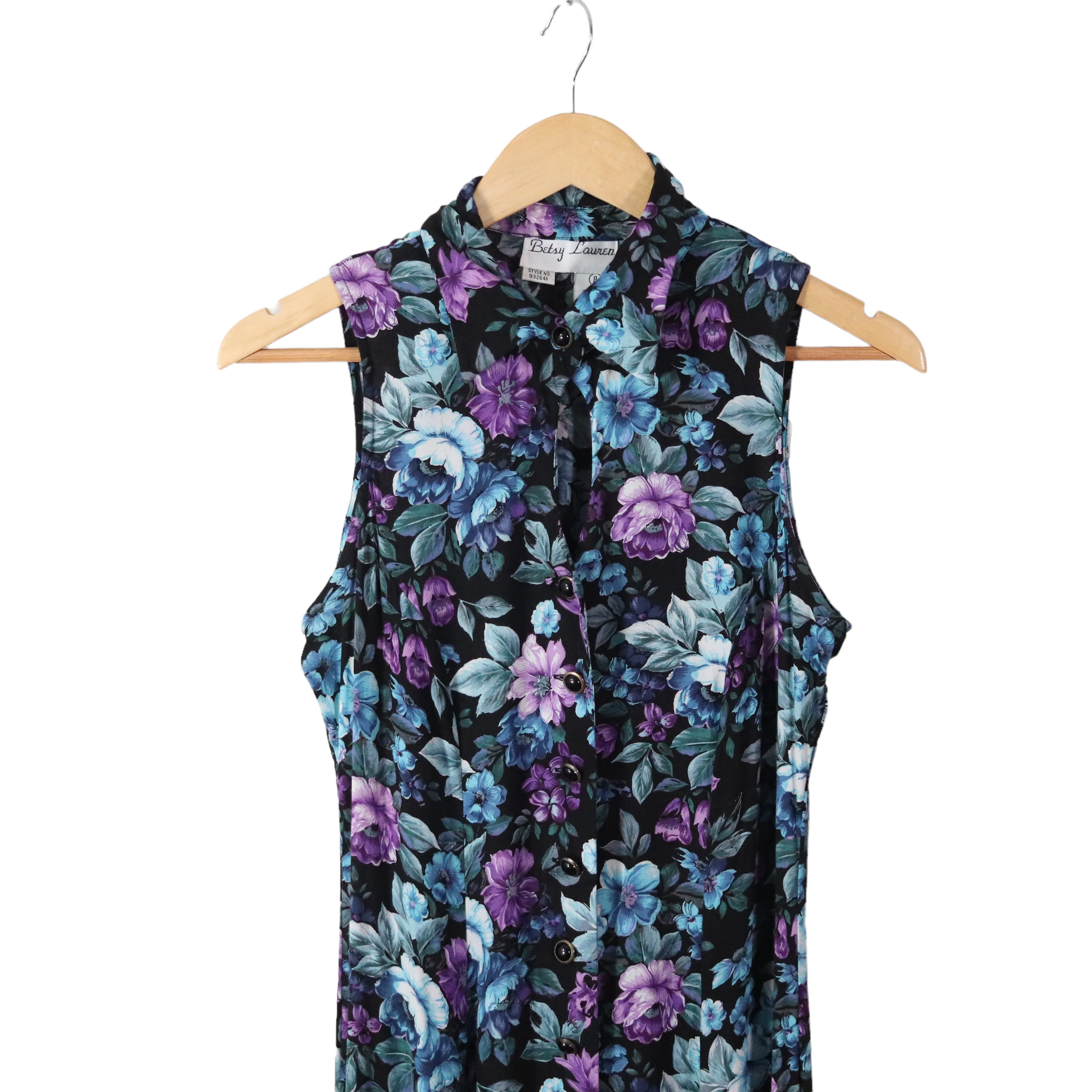 90s Dark Floral Sleeveless Keyhole Shirt Dress By Betsy Lauren - Image 10