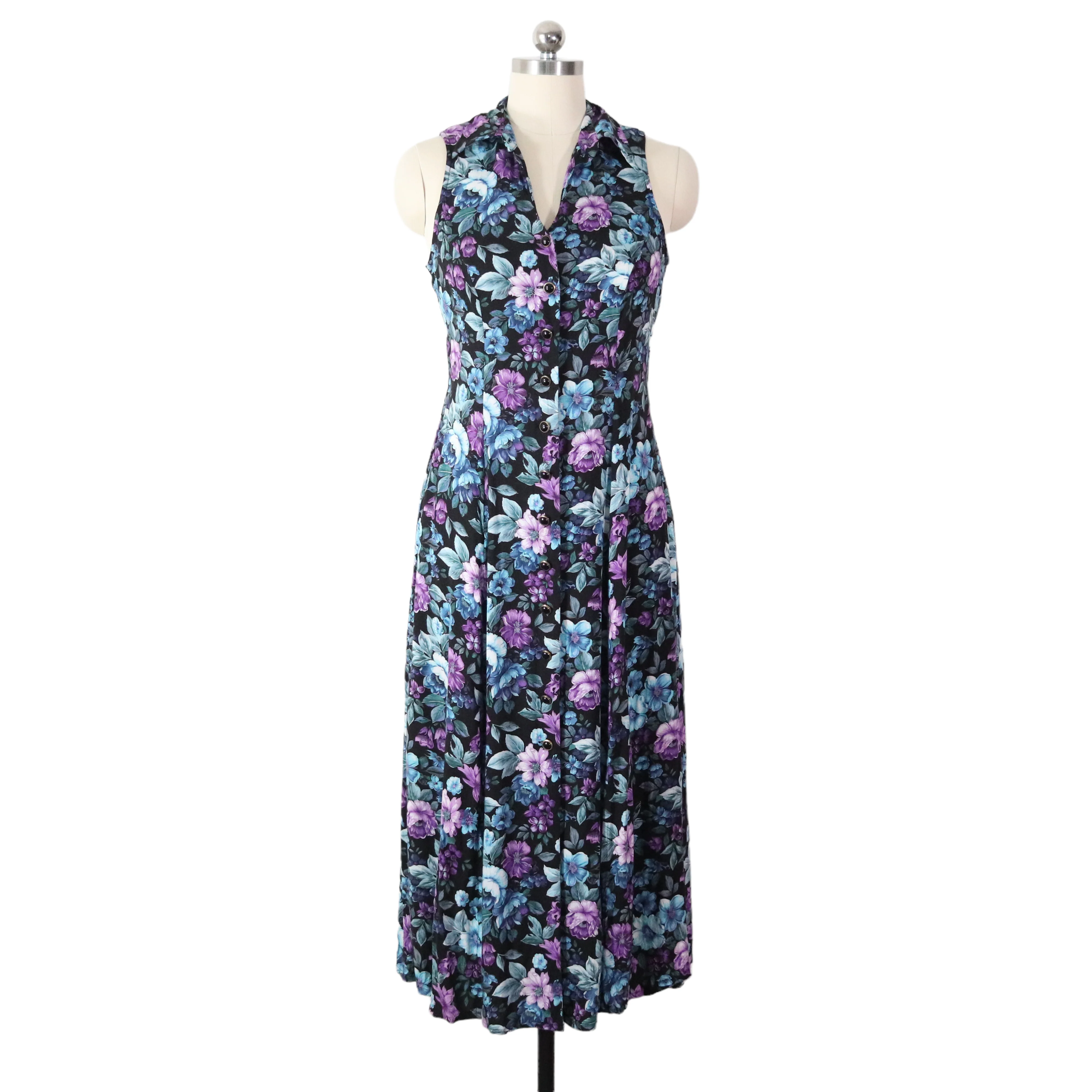 90s Dark Floral Sleeveless Keyhole Shirt Dress By Betsy Lauren - Image 5