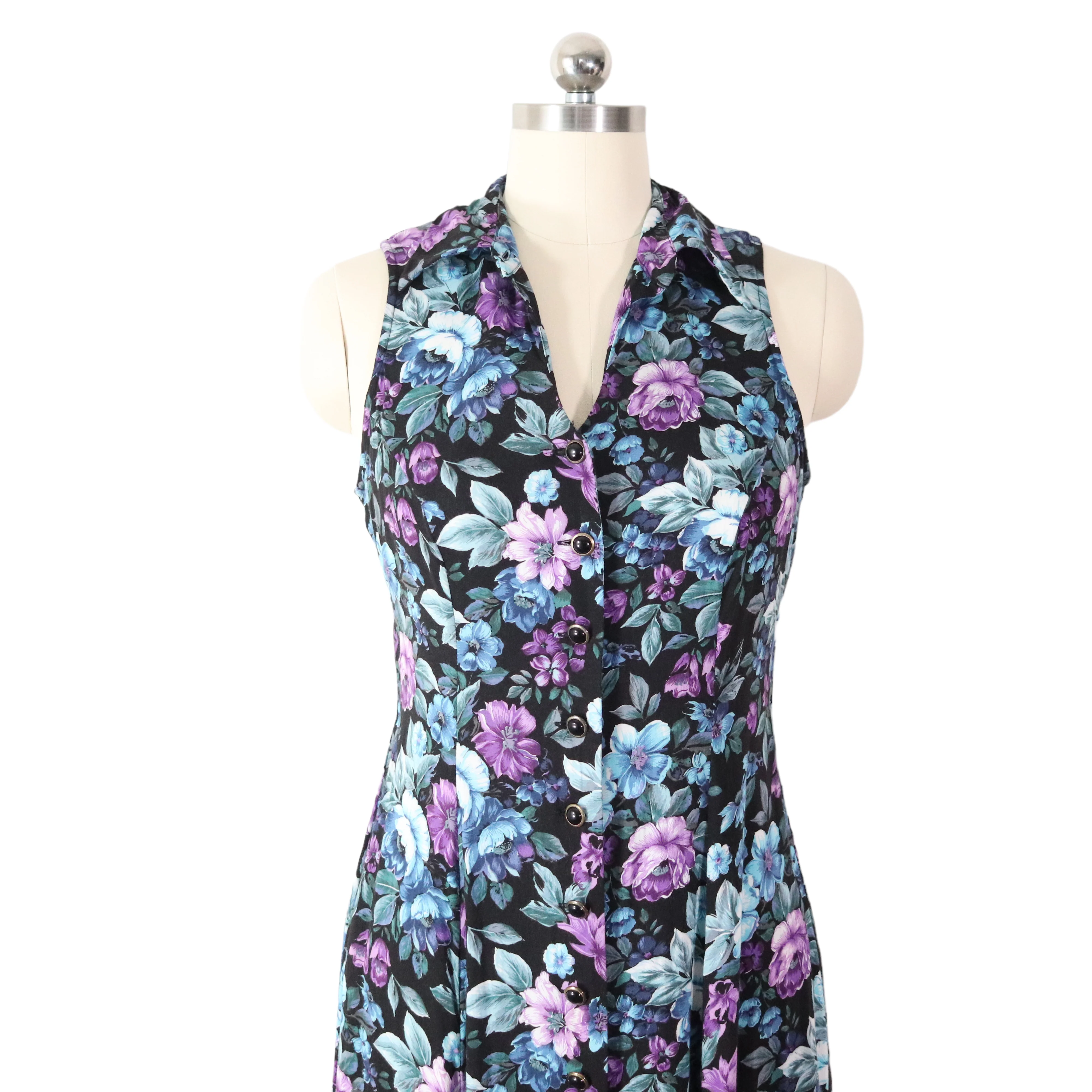 90s Dark Floral Sleeveless Keyhole Shirt Dress By Betsy Lauren - Image 6