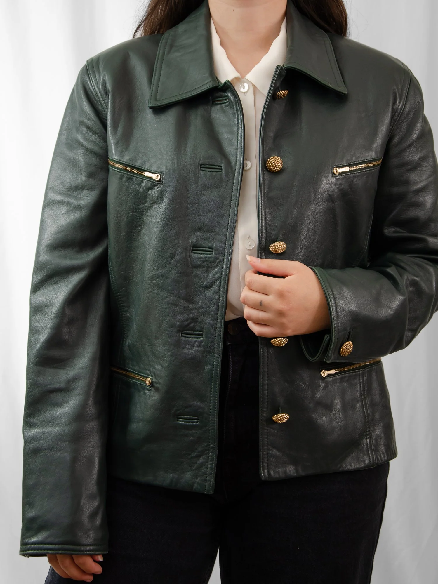 90s Dark Green Leather Jacket - Image 3