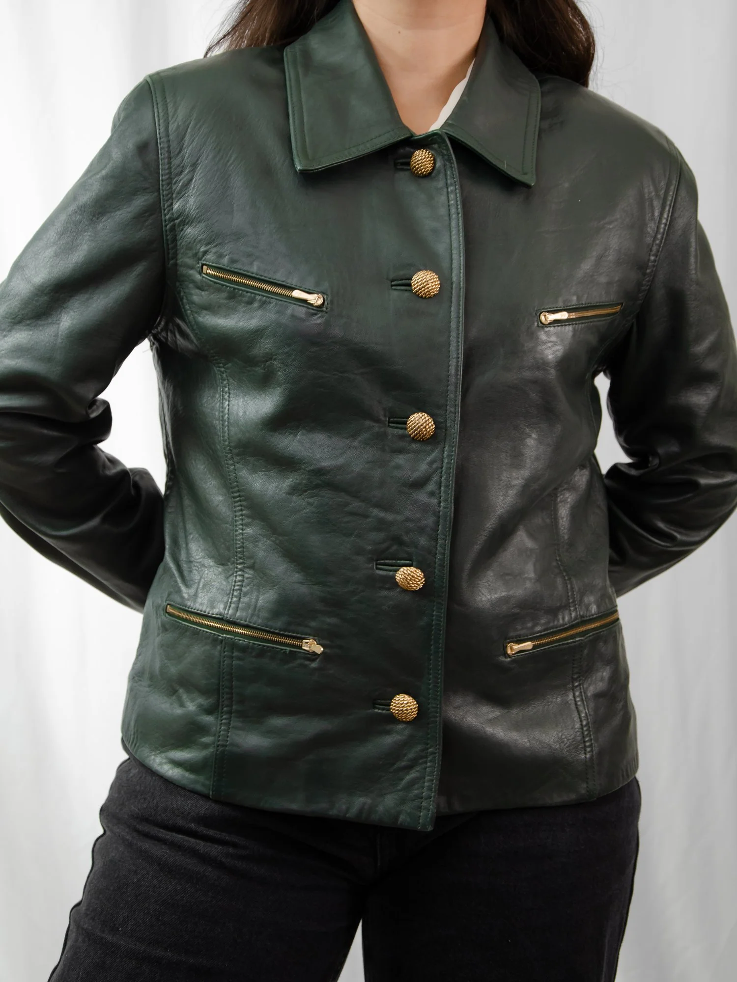 90s Dark Green Leather Jacket - Image 4