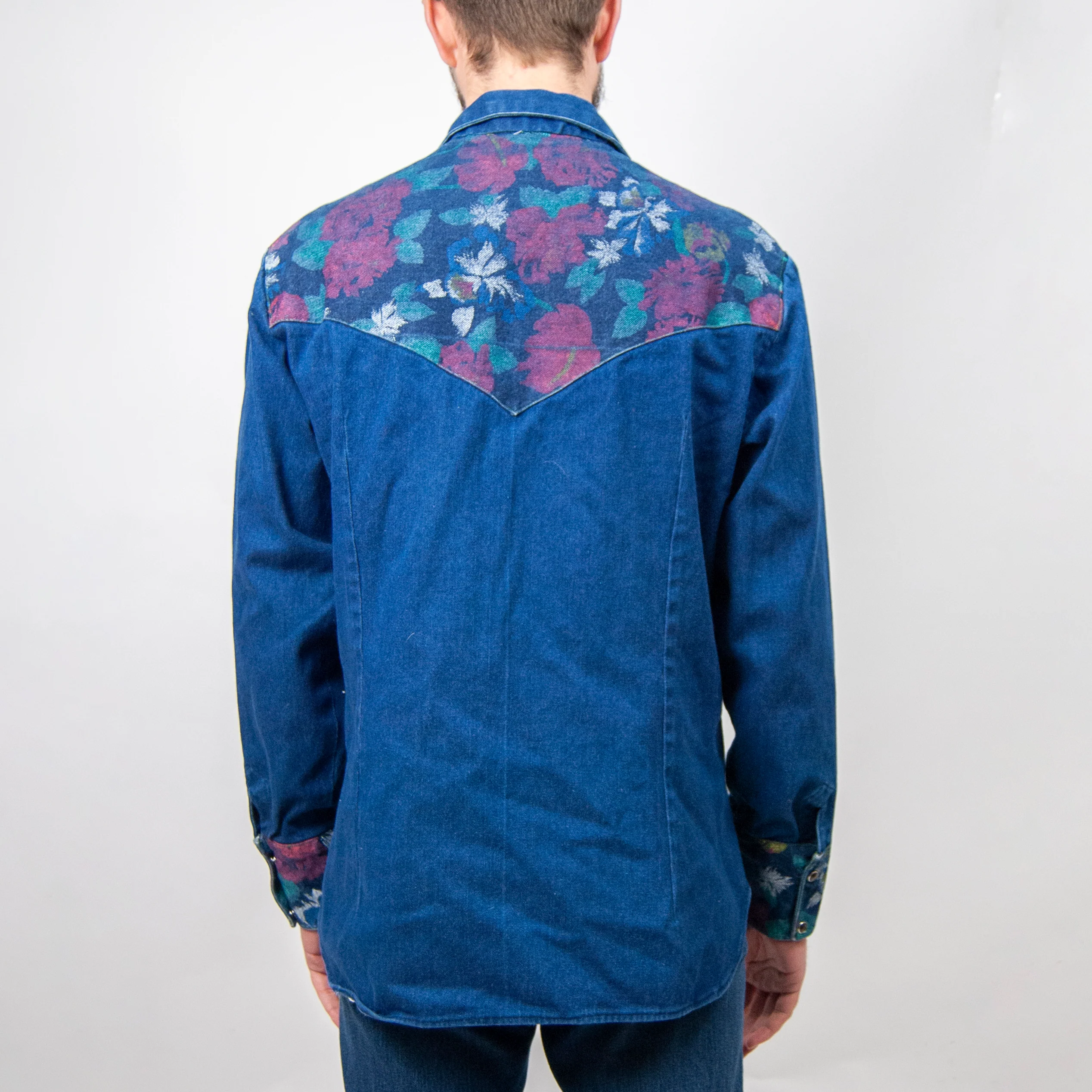 90s Denim Floral Print Western Button Snap Shirt - Image 3
