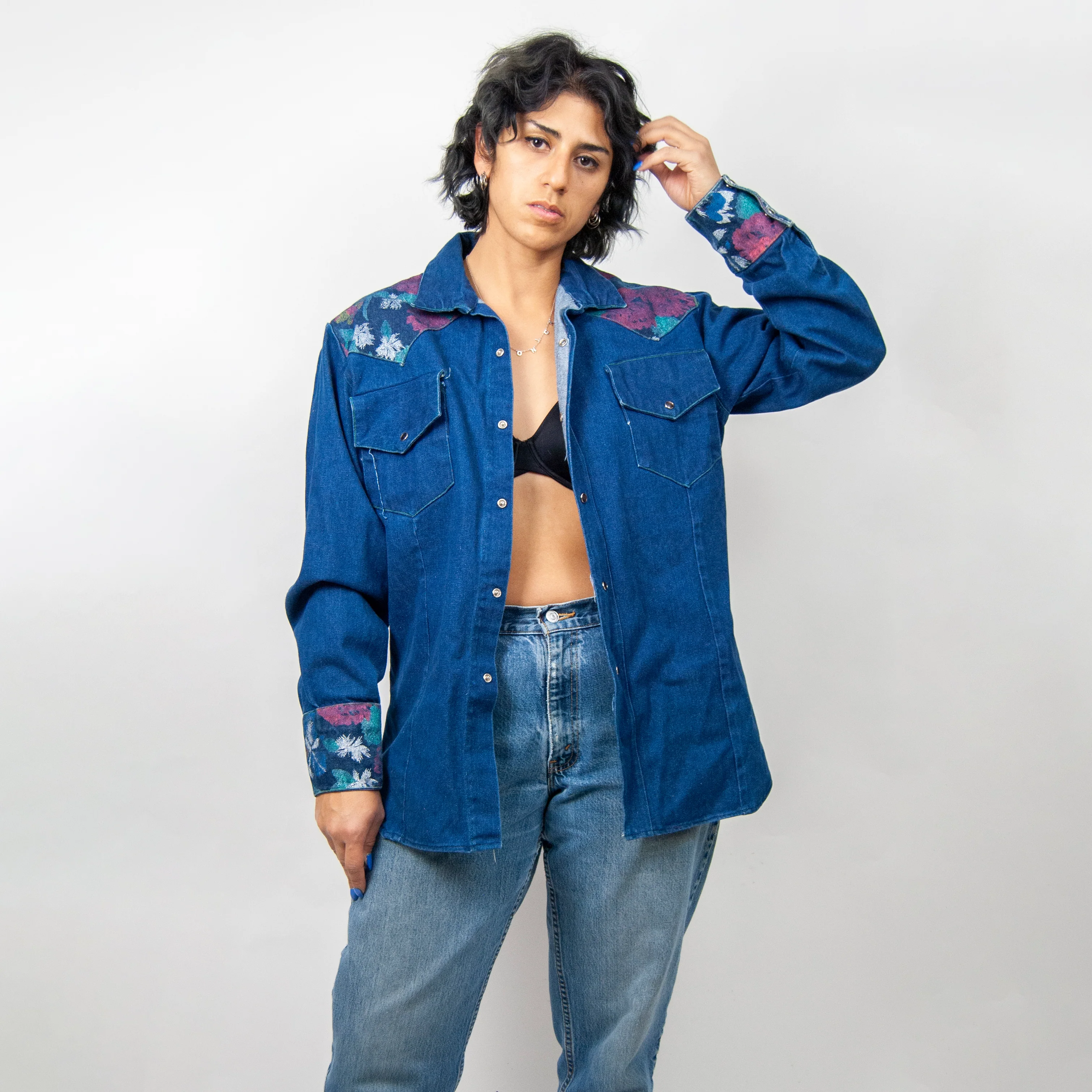90s Denim Floral Print Western Button Snap Shirt - Image 4