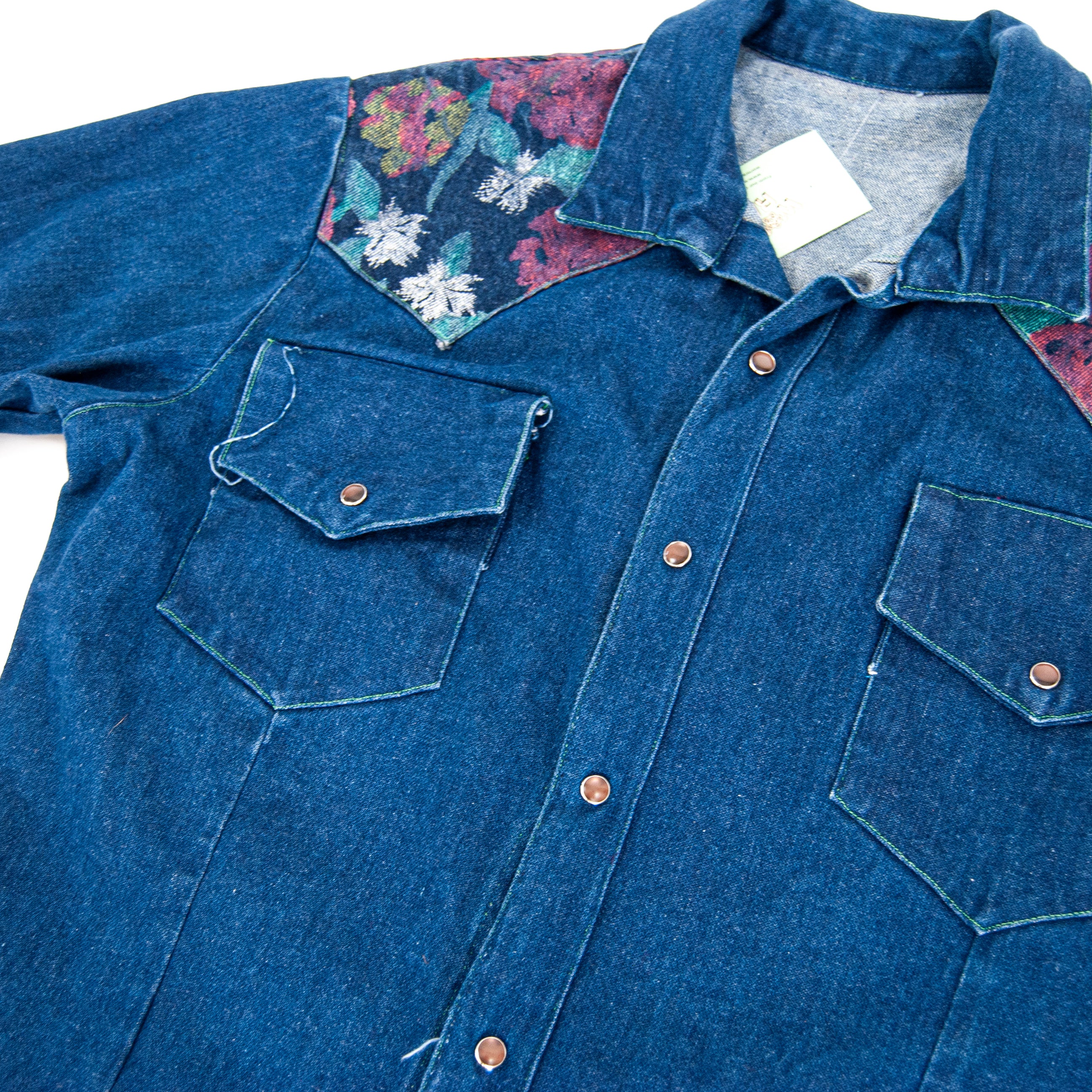 90s Denim Floral Print Western Button Snap Shirt - Image 5