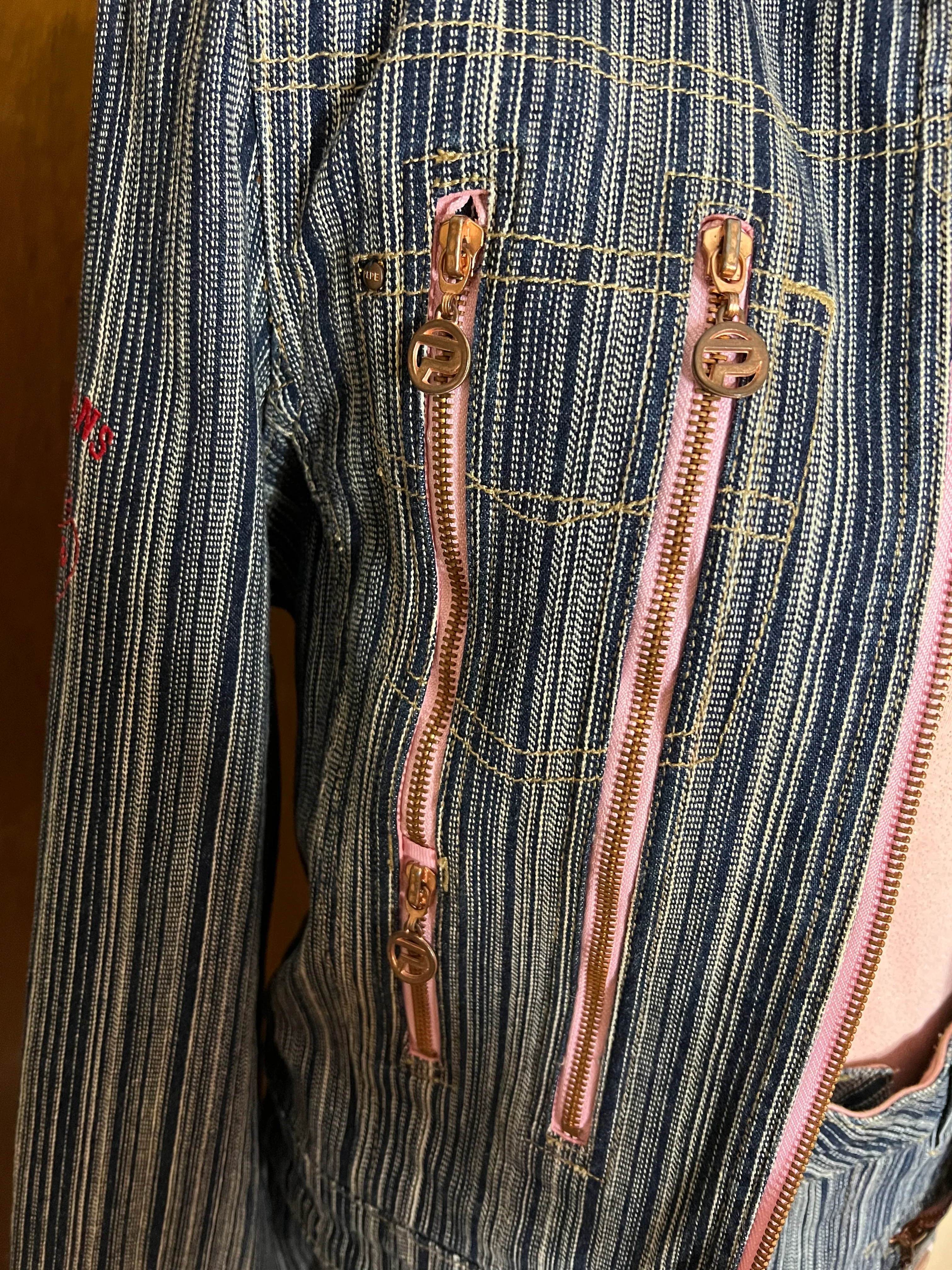 90s Denim Pinstripe Pink Zip Blue Jeans Jacket Suit By Pepe Jeans London - Image 11