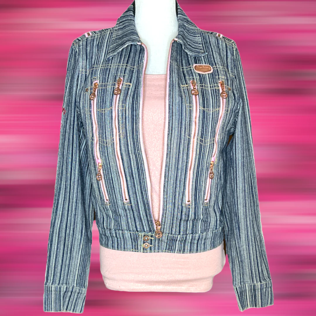 90s Denim Pinstripe Pink Zip Blue Jeans Jacket Suit By Pepe Jeans London - Image 3