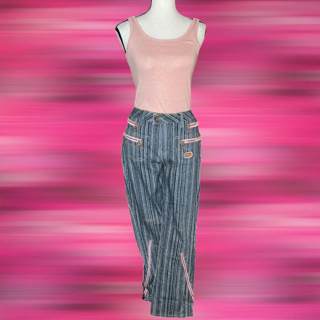 90s Denim Pinstripe Pink Zip Blue Jeans Jacket Suit By Pepe Jeans London - Image 4