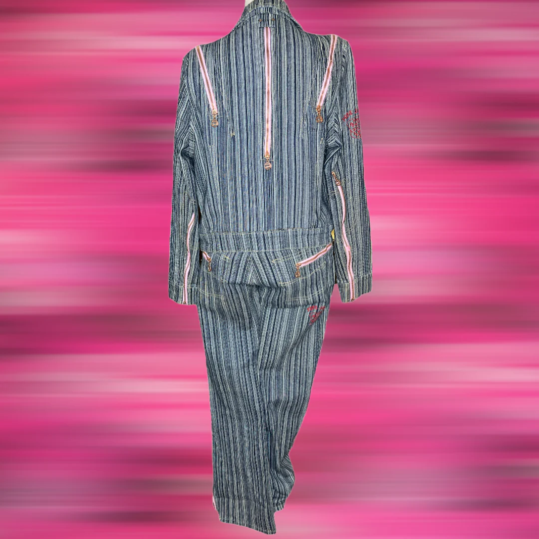 90s Denim Pinstripe Pink Zip Blue Jeans Jacket Suit By Pepe Jeans London - Image 5