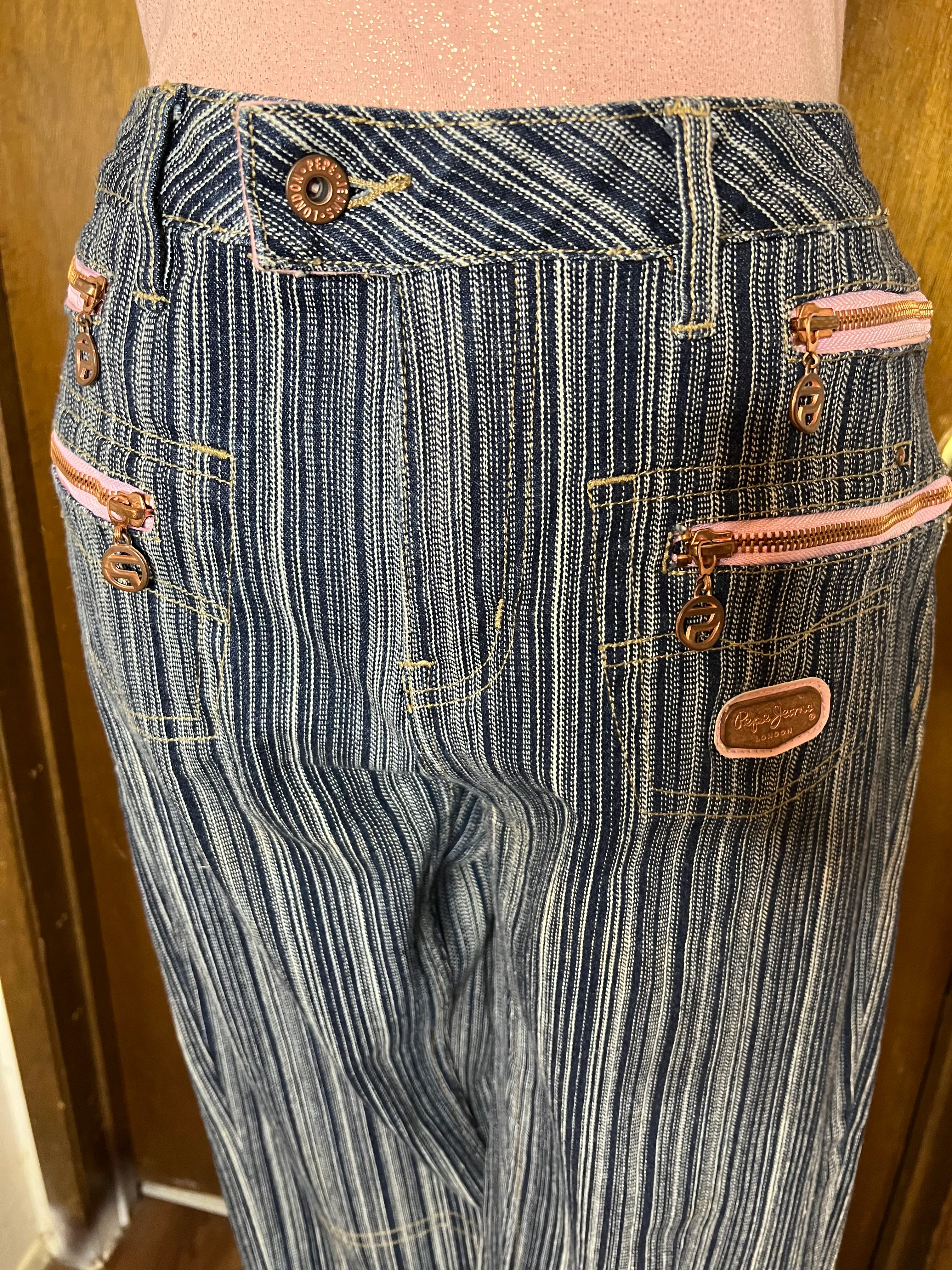 90s Denim Pinstripe Pink Zip Blue Jeans Jacket Suit By Pepe Jeans London - Image 7