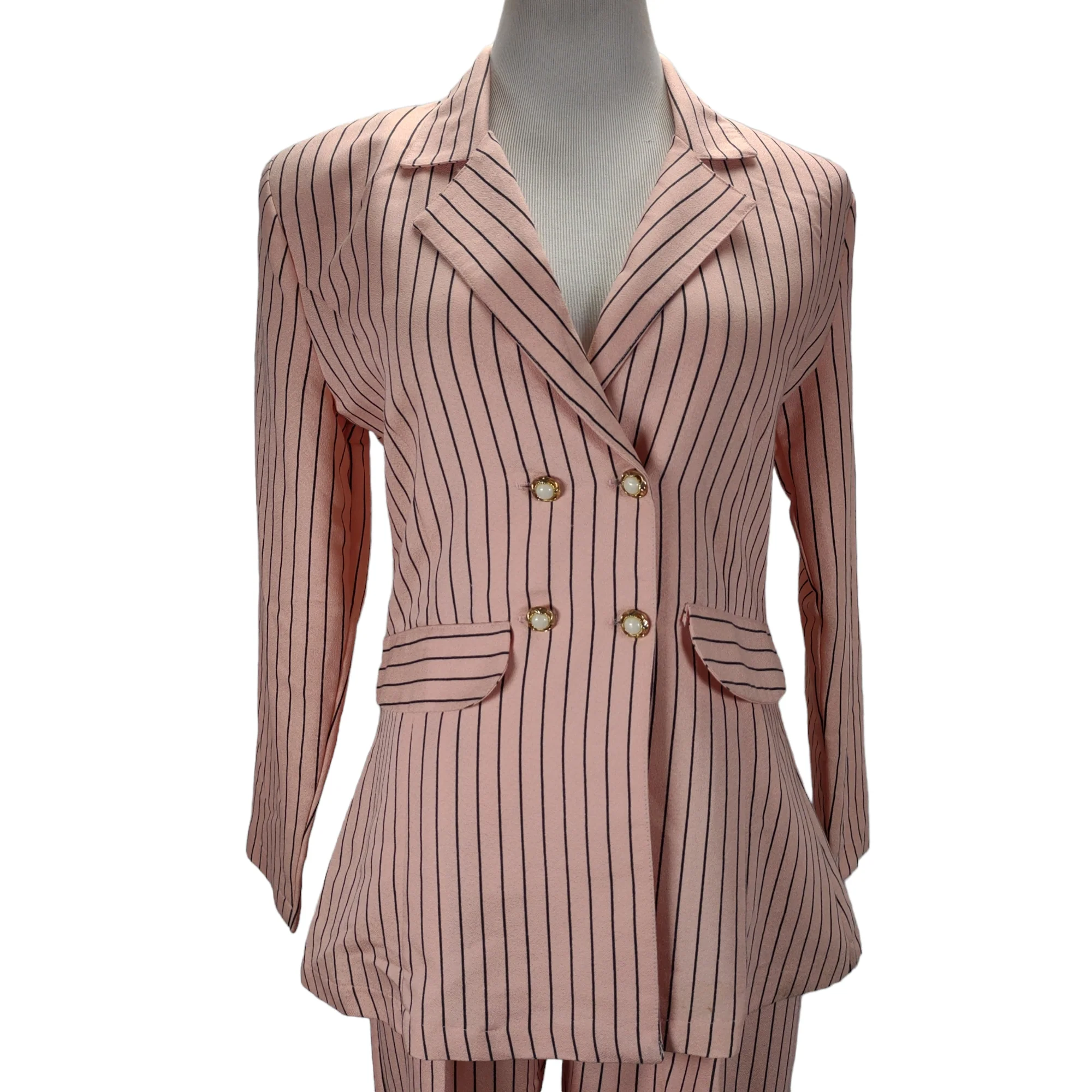 90s Double Breasted Blazer Pinstripe Crepe Pant Suit - Image 4