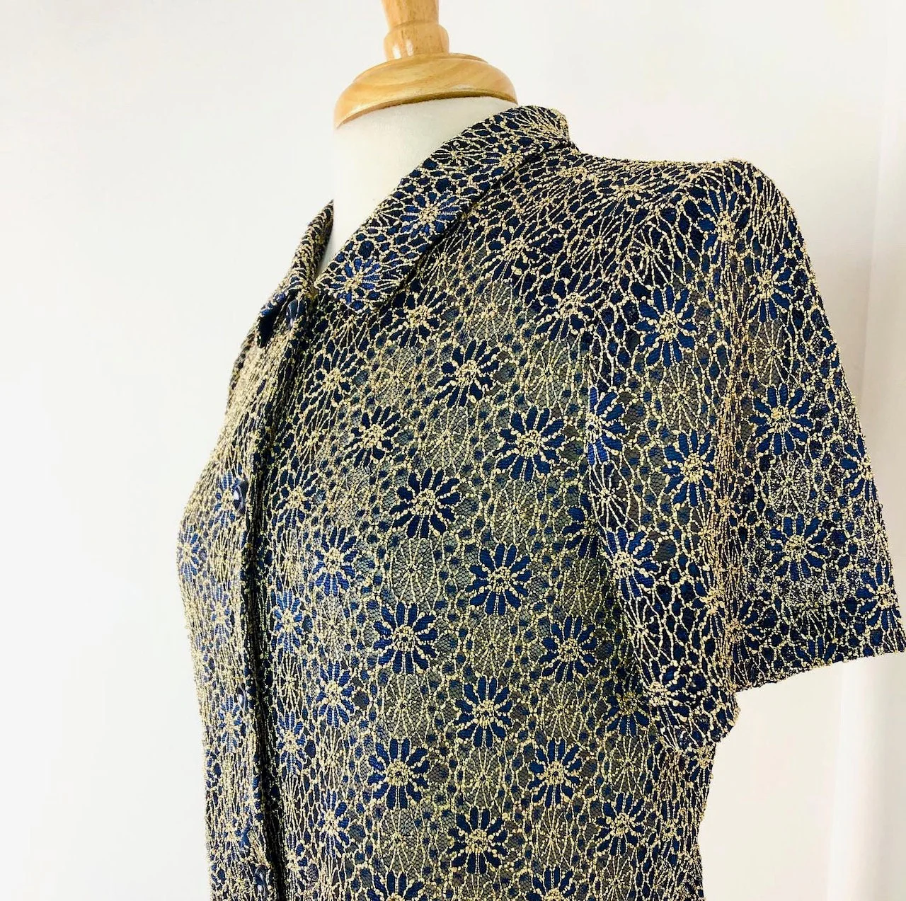 90s Drew Barrymore Style Gold and Navy Flower Blouse by Miss Dorby - Image 4