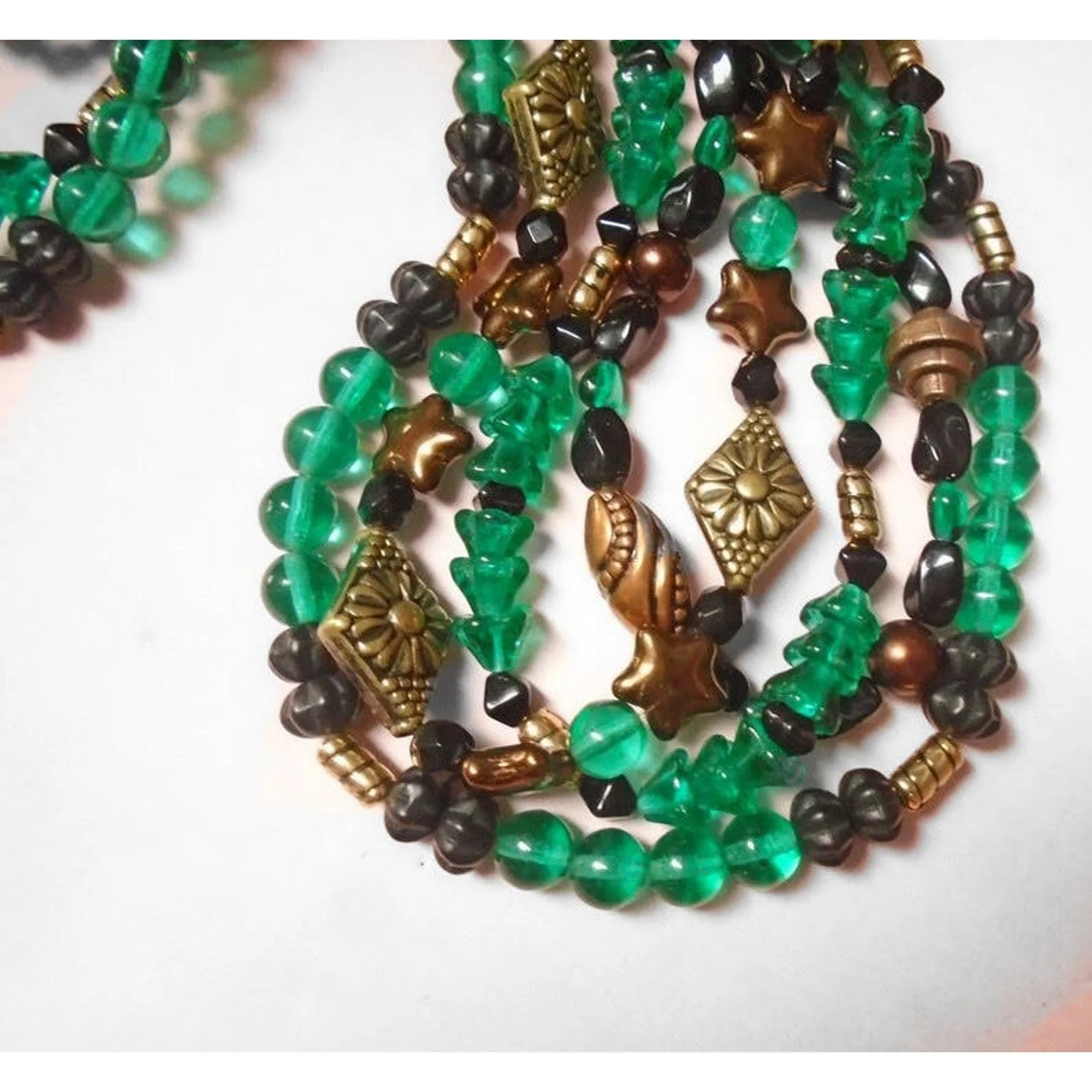 90s Emerald Green Copper Four Strand Beads Necklace - Image 7
