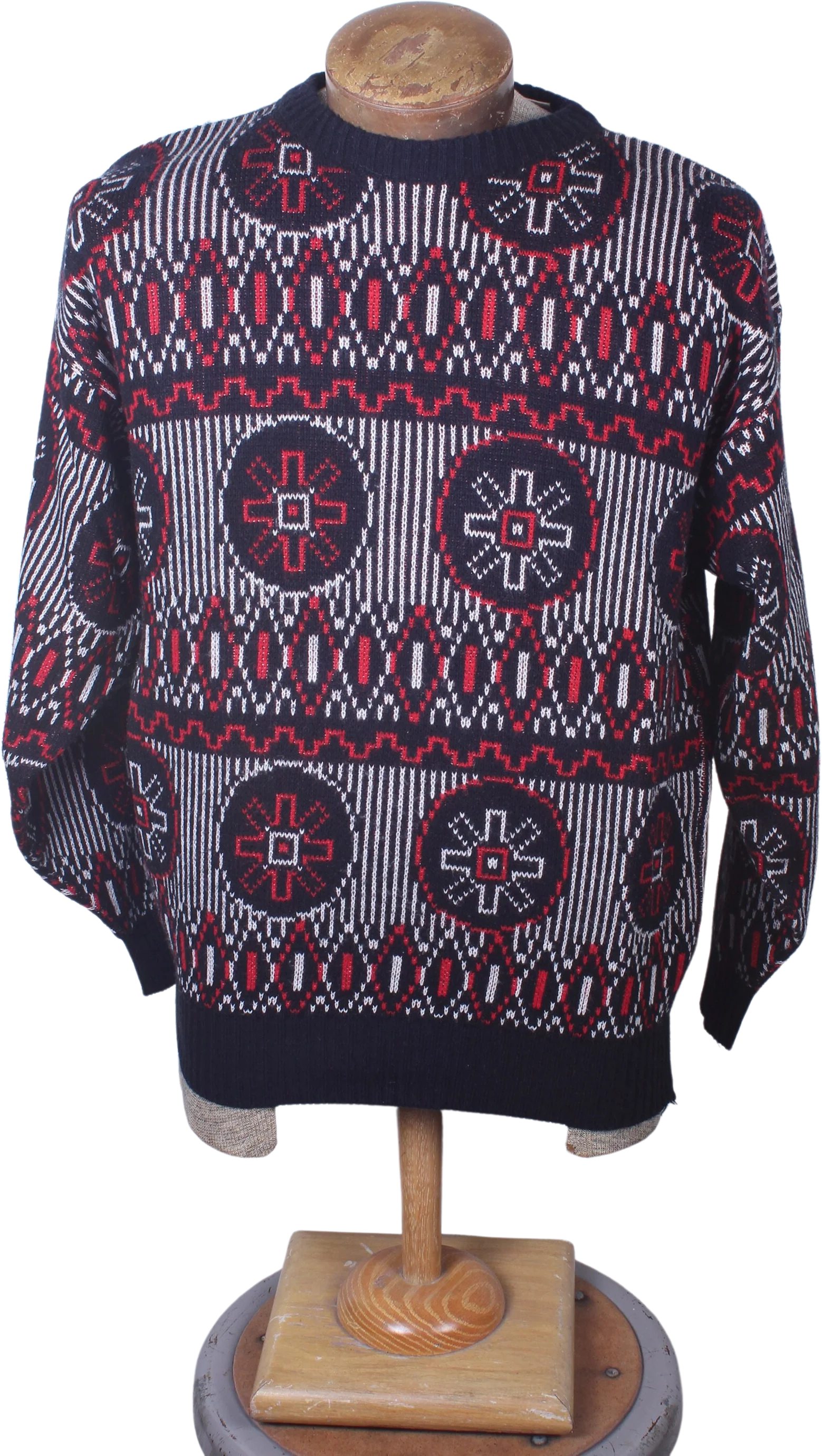 90s Era Club International Brand Red White Black Geometric Men's Pullover Crew Neck Sweater Acrylic by Club International