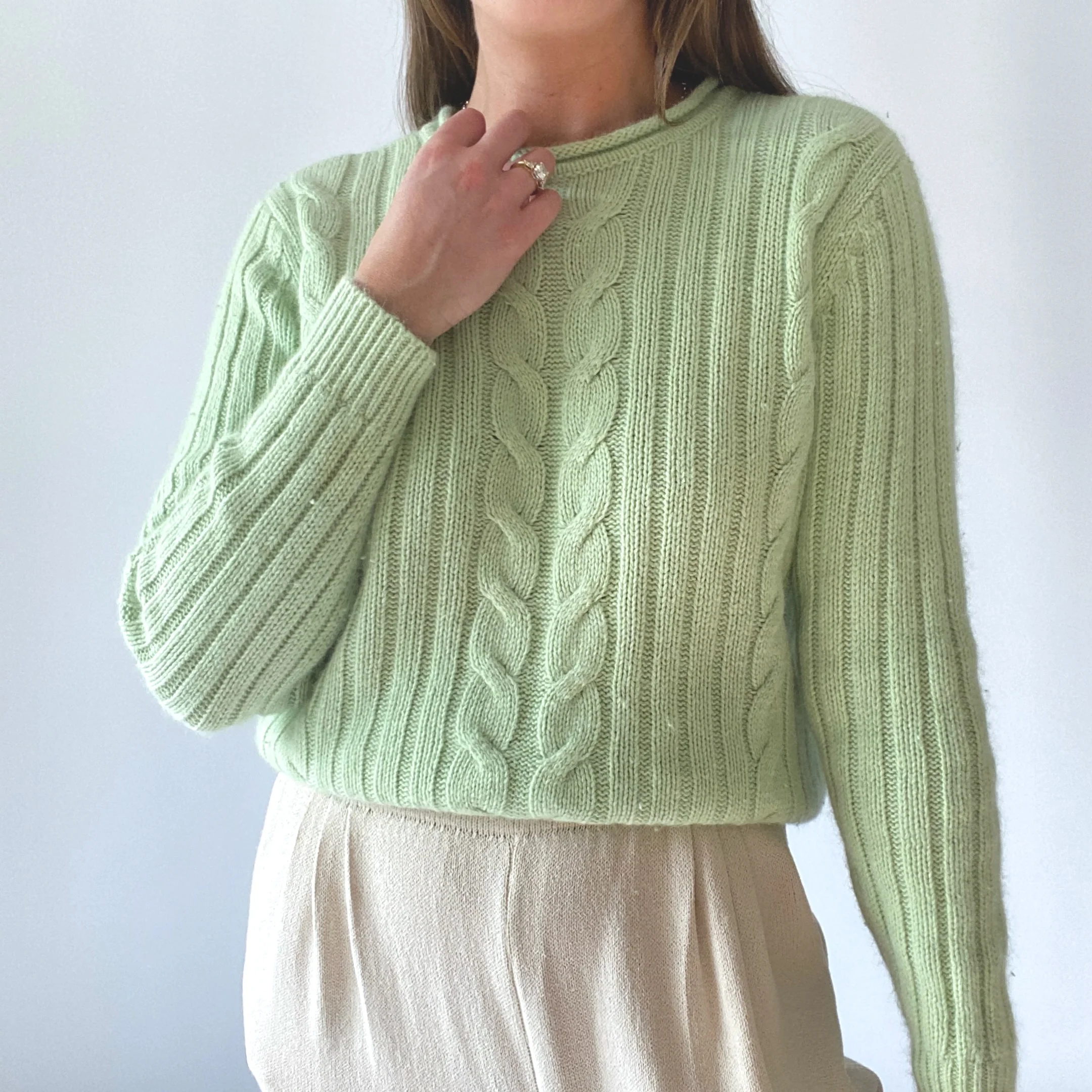 90s Essential Sage Green Ribbed Knit Angora Sweater - Image 3