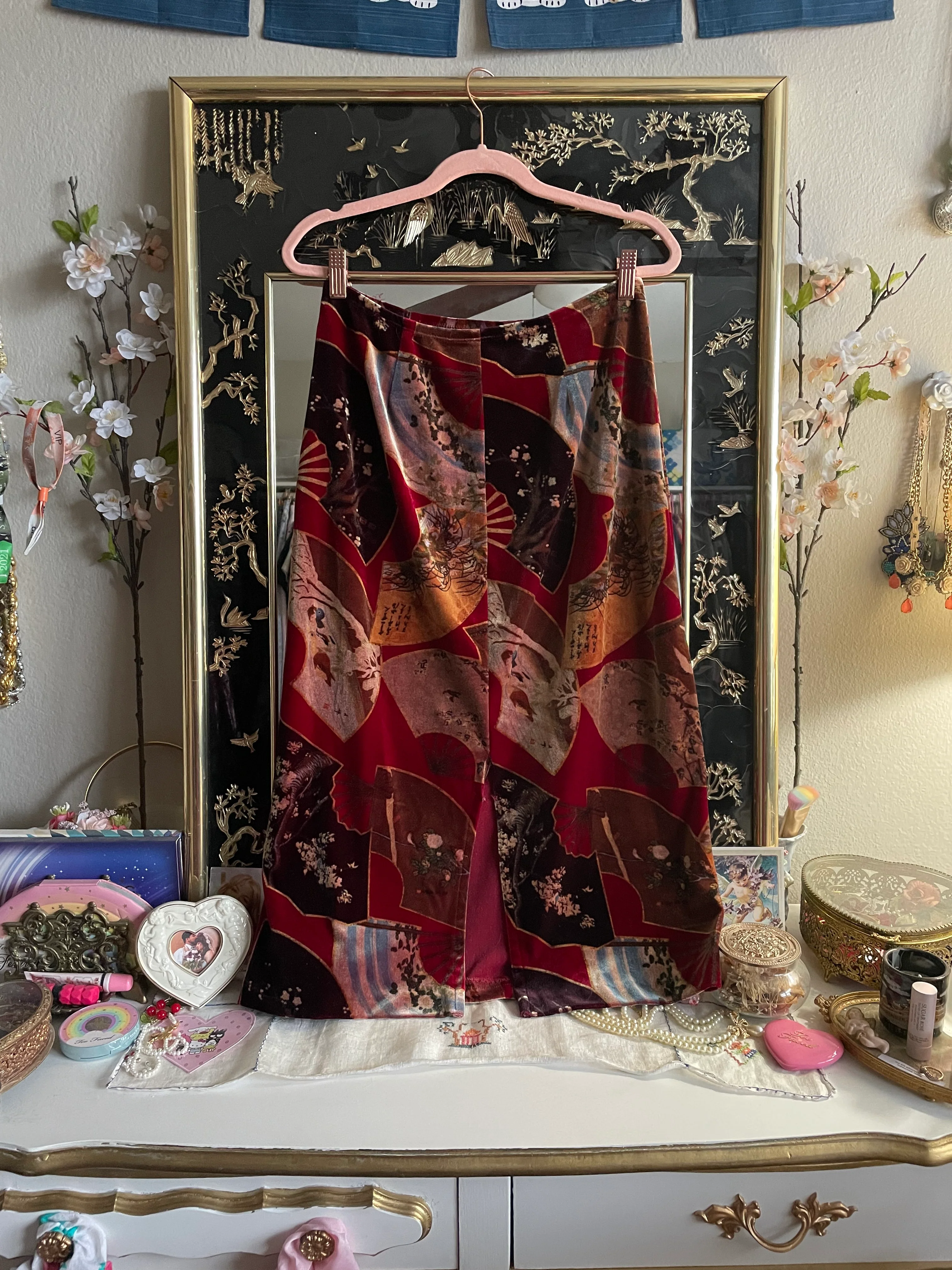 90s Fan Print Velvet Skirt By Clio - Image 2