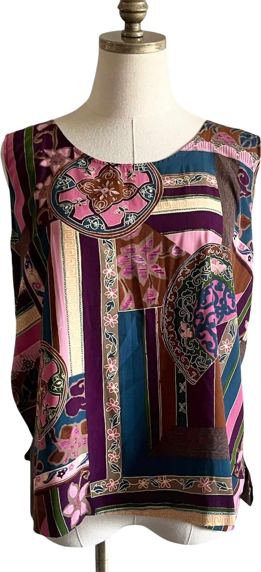 90s Floral Geometric Colorblock Jewel Tone Blouse