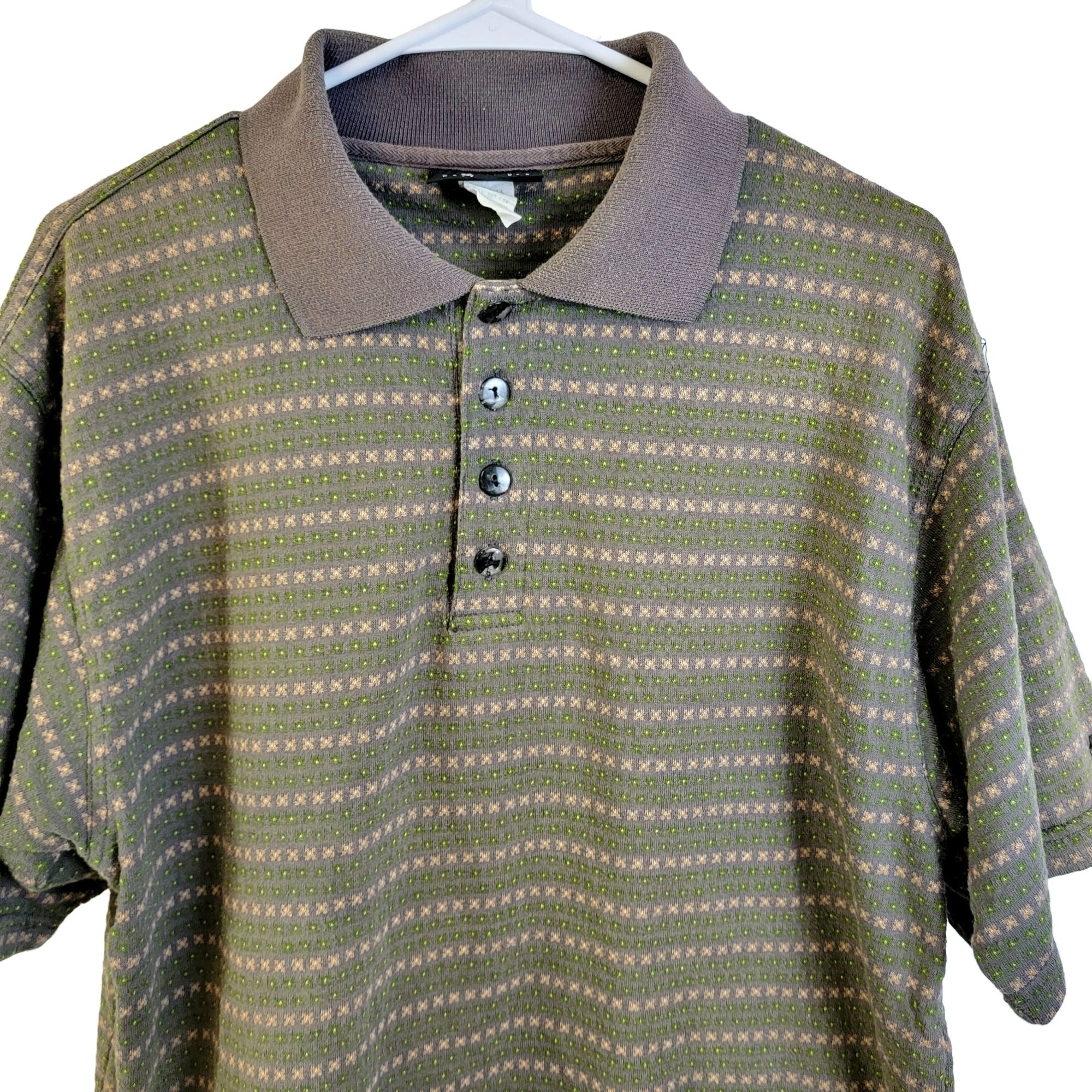 90s Geometric Polo Shirt Top Active Men Large L Brown By Planet Golf - Image 6