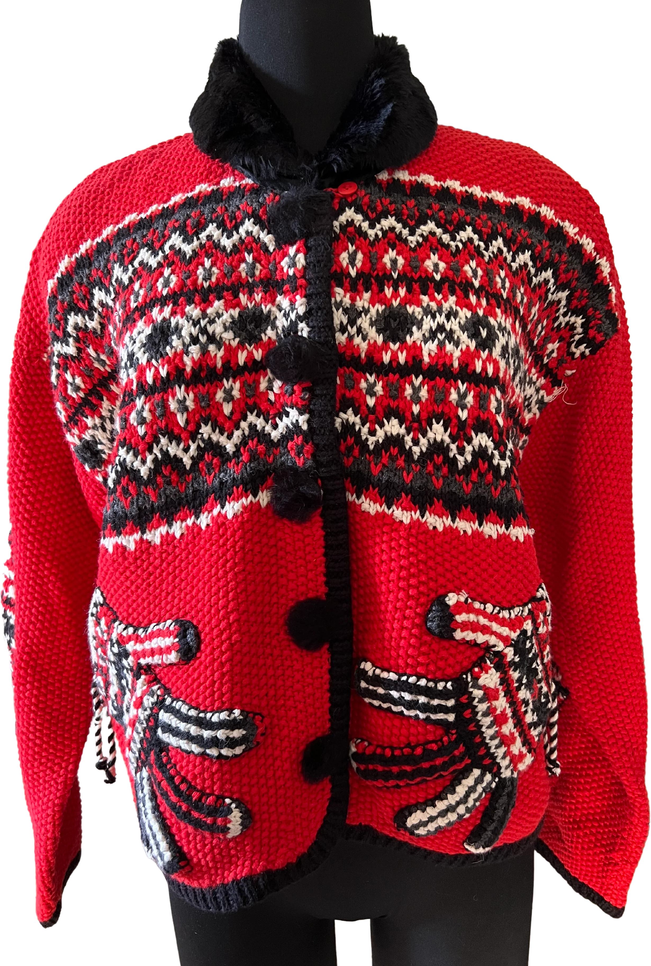 90s Glove Pocket Fair Isle Handknit Cardigan With Fur By Elana Carello