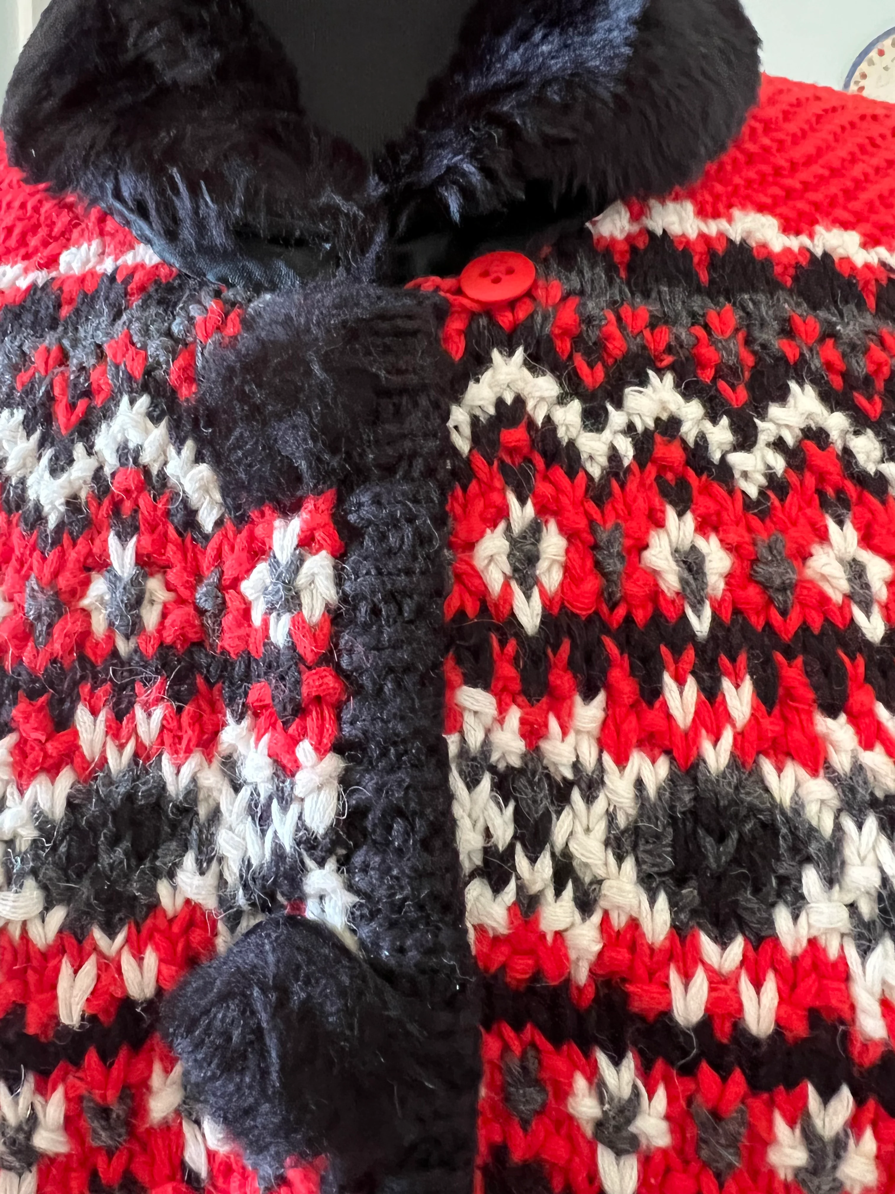 90s Glove Pocket Fair Isle Handknit Cardigan With Fur By Elana Carello - Image 3
