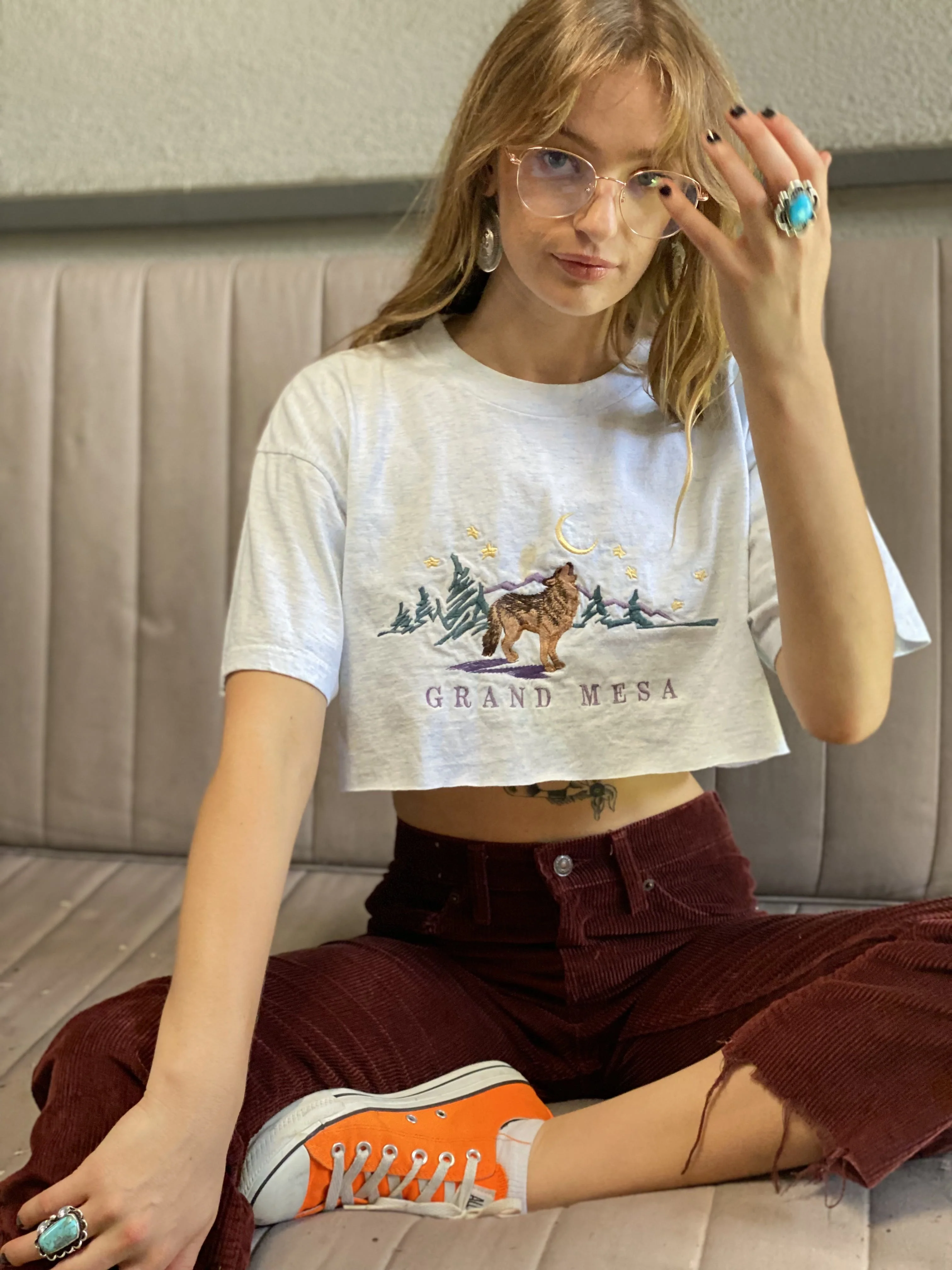 90s Grand Mesa Embroidered Wolf Crop Top Tee Shirt By Signal Sport - Image 3