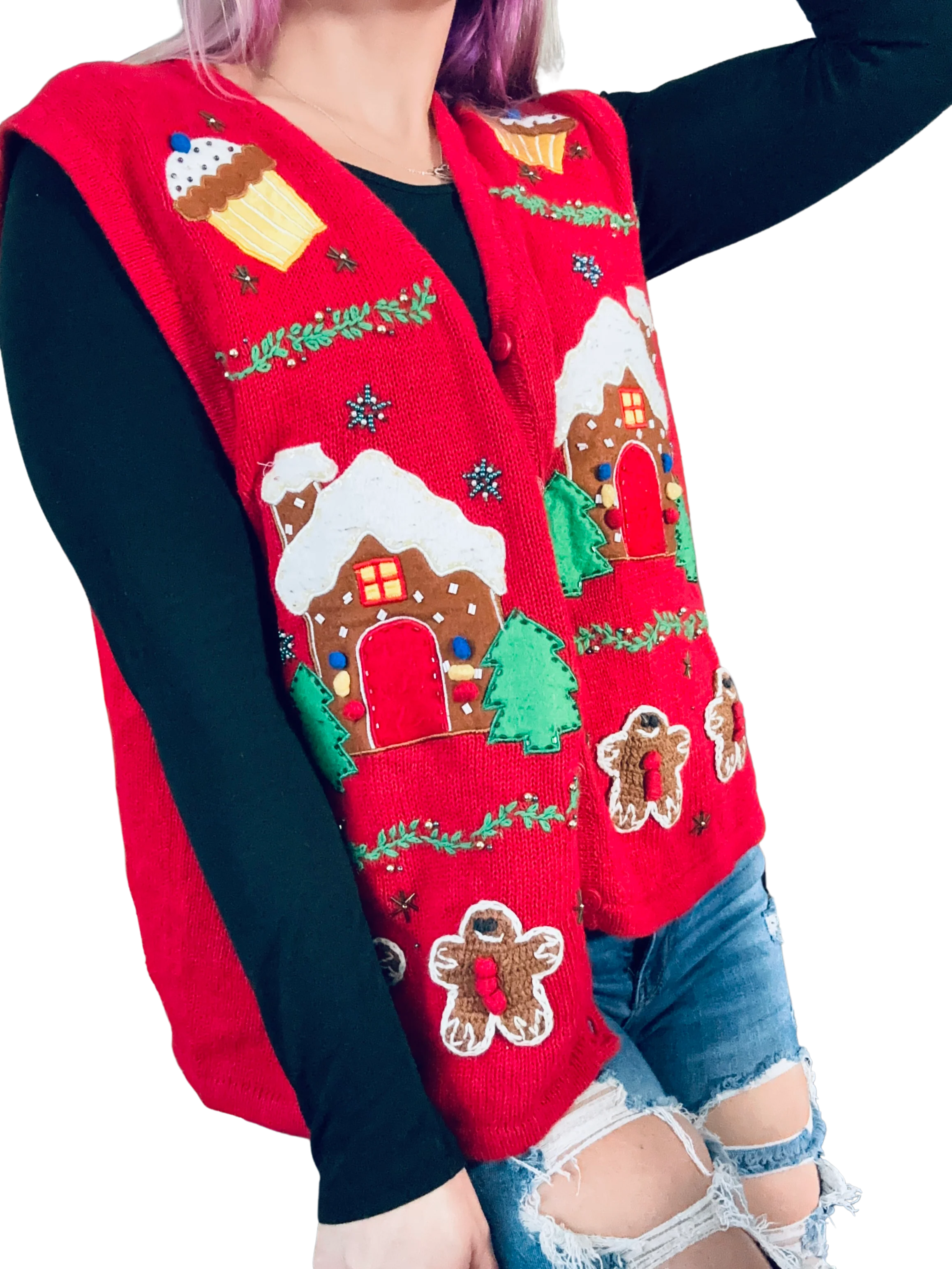 90s Grandmacore Ugly Christmas Gingerbread Man Vest By Bobbie Brooks - Image 2