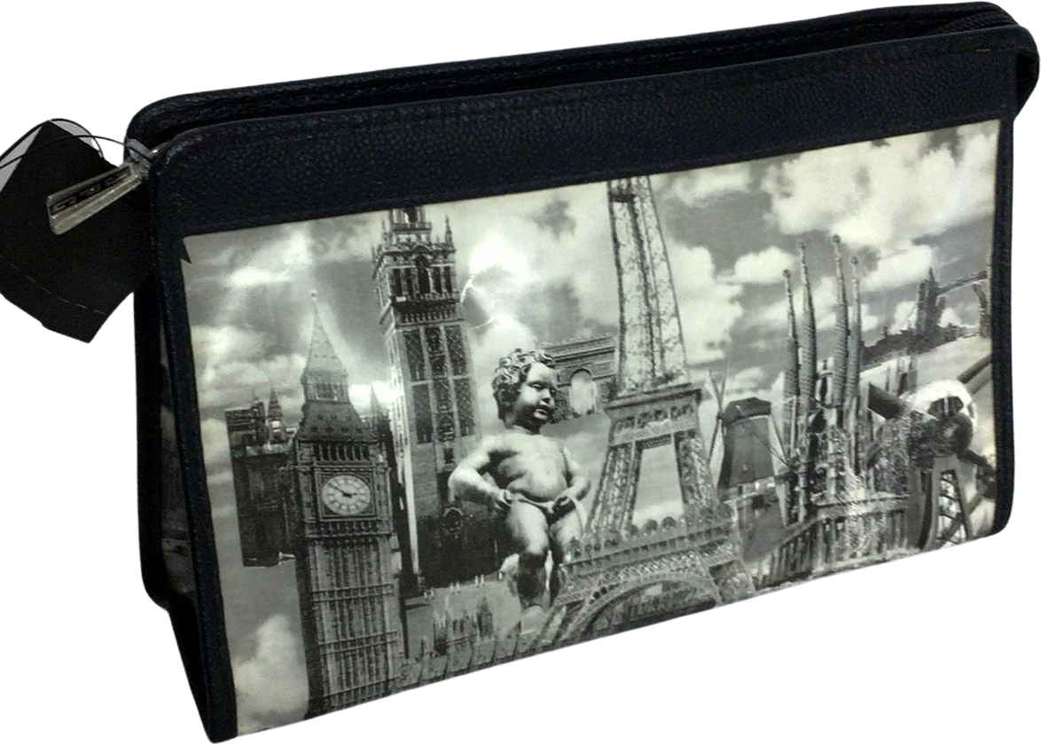 90s Gray Collage Photo Travel Clutch Purse Rare By Jean Paul Gaultier