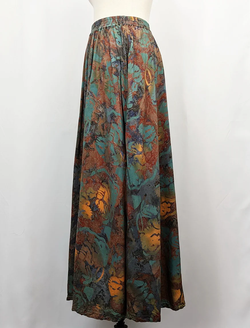 90s Green Brown Rayon Artsy Print Pockets Skirt By Los Manos - Image 4