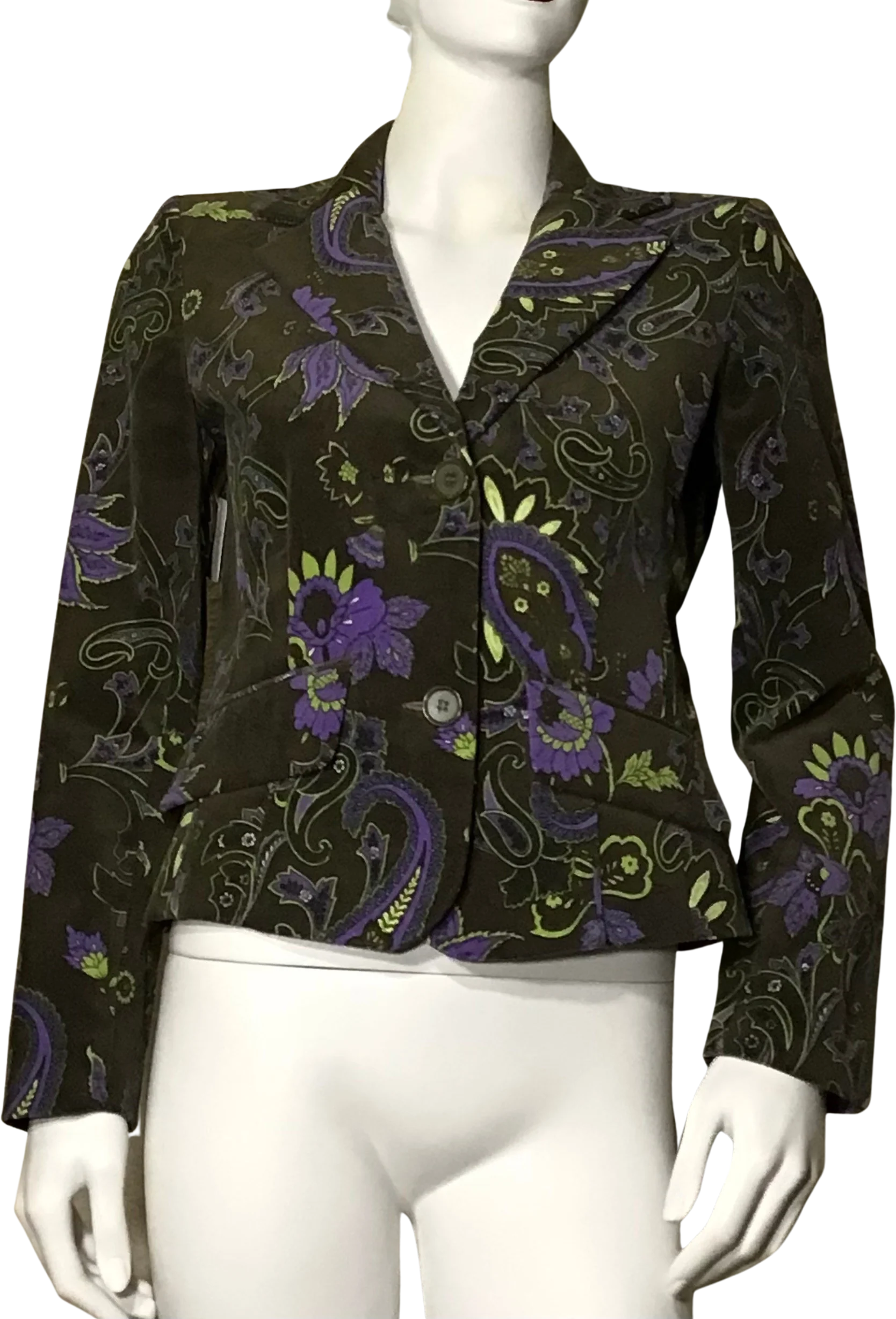 90s Green Paisley Floral Velvet Long Sleeve Blazer By Petite Sophisticate