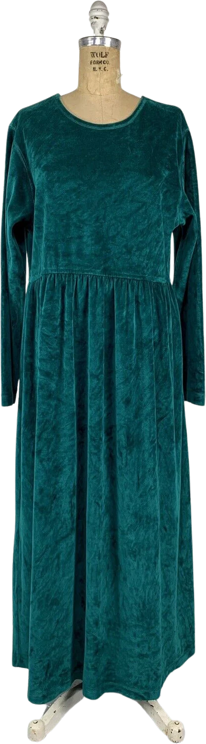 90s Green Velour Empire Waist Long Sleeve Maxi Jumper By Alyssa Brooke