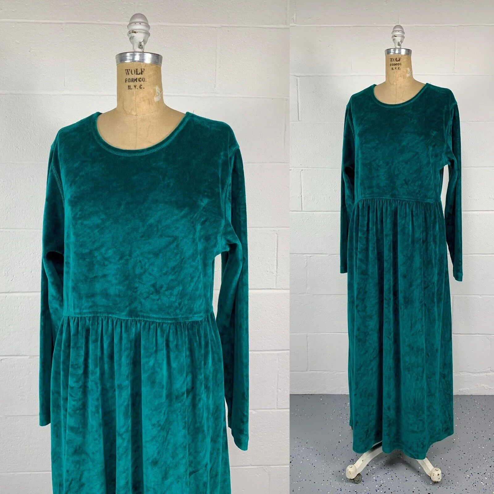 90s Green Velour Empire Waist Long Sleeve Maxi Jumper By Alyssa Brooke - Image 4