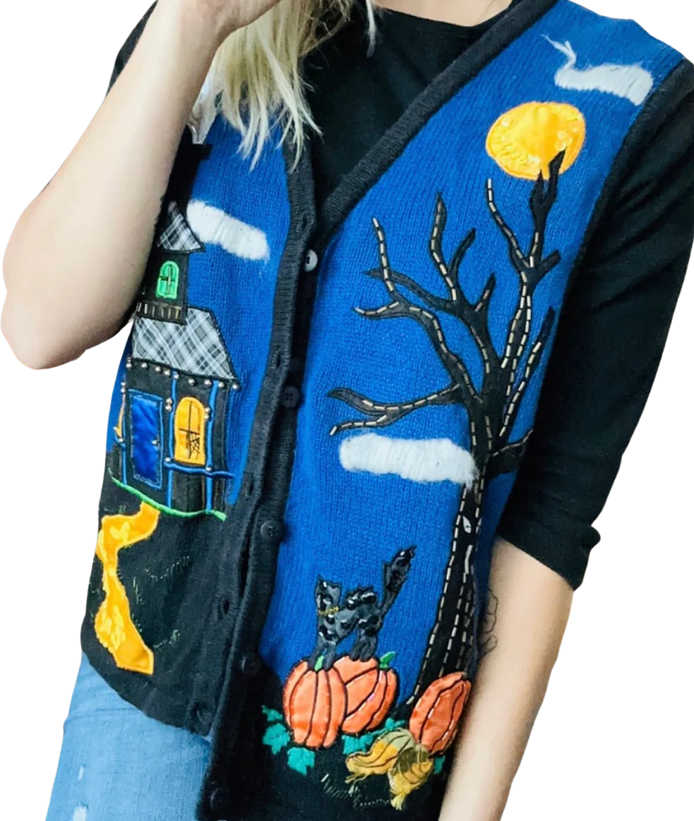 90s Halloween Night Button Up Retro Sweater Vest