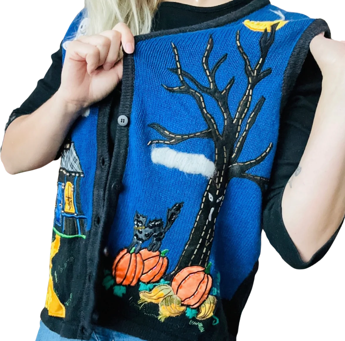 90s Halloween Night Button Up Retro Sweater Vest - Image 2