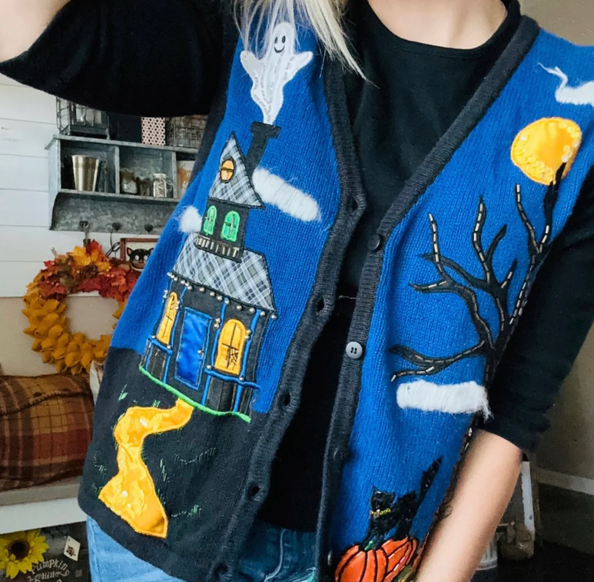 90s Halloween Night Button Up Retro Sweater Vest - Image 3