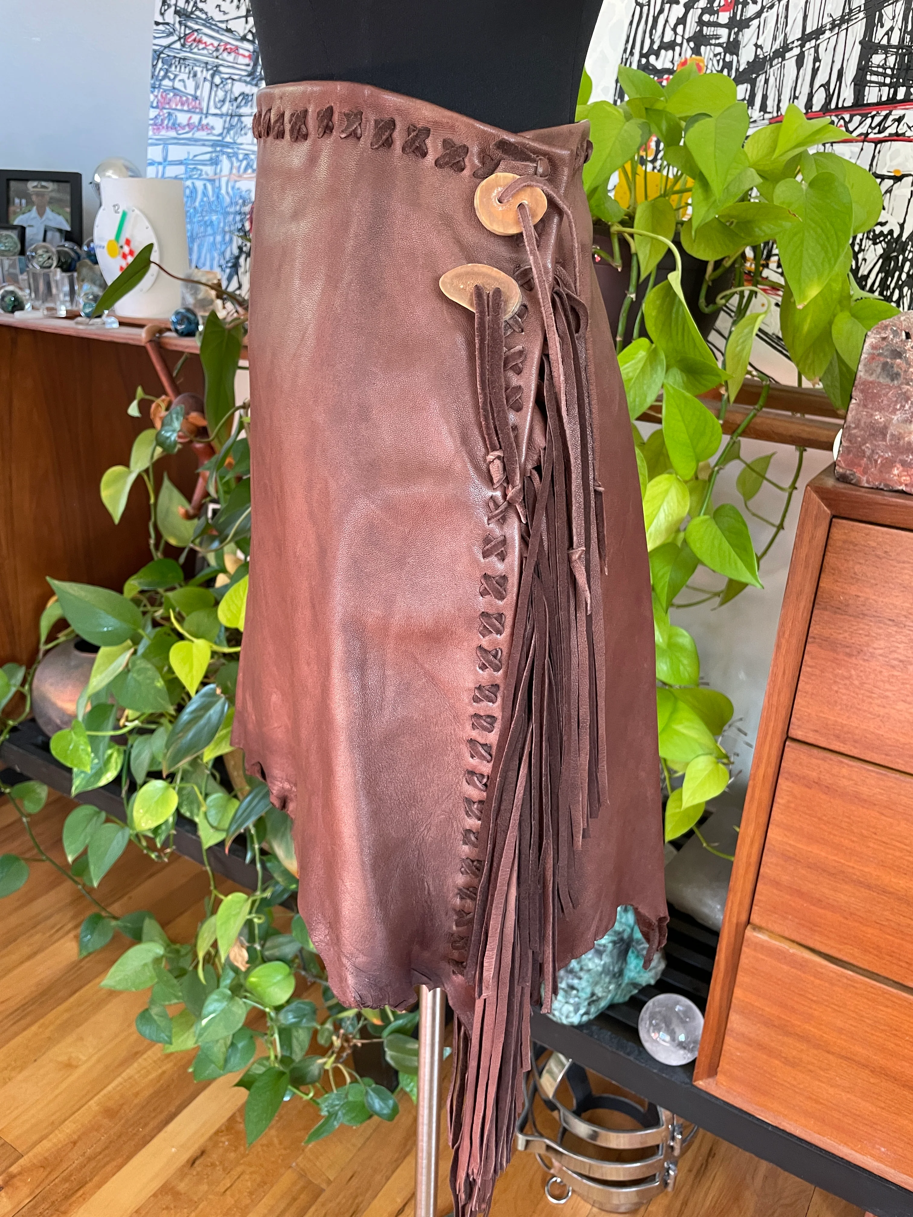 90s Handmade Brown Leather Whipstitch Skirt - Image 6