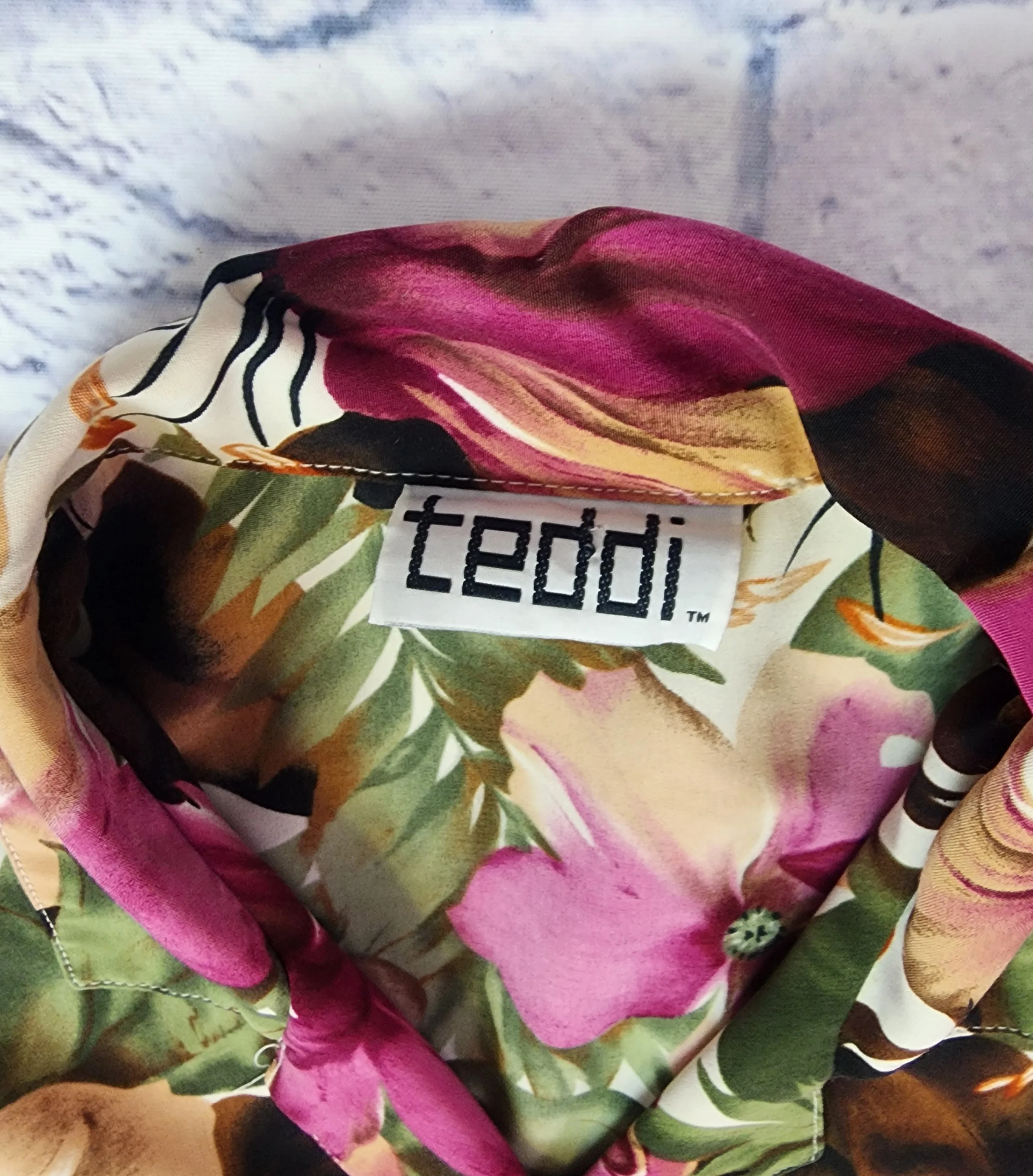90s Tropical Print Button Up Shirt Pink Brown by Teddi - Image 5