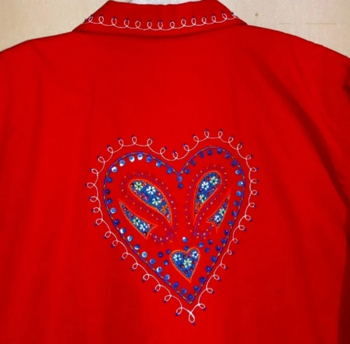 90s Heart Beads Red Denim Cotton Zip Front Top Jacket By Susan Graver - Image 3