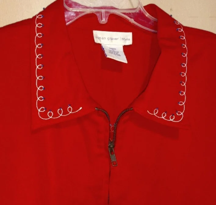 90s Heart Beads Red Denim Cotton Zip Front Top Jacket By Susan Graver - Image 4