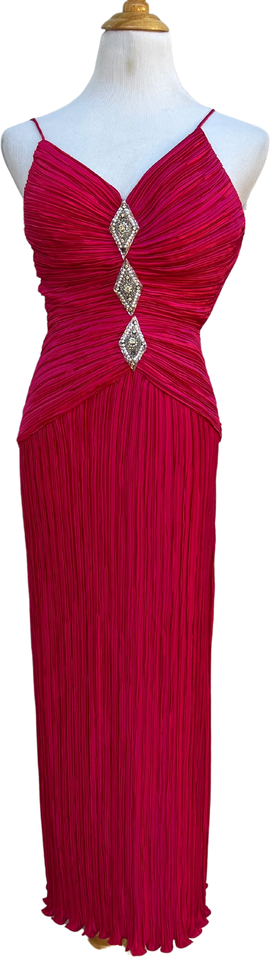 90s Hot Pink Gown Plisse Pleats Spaghetti Strap By Lillie Rubin