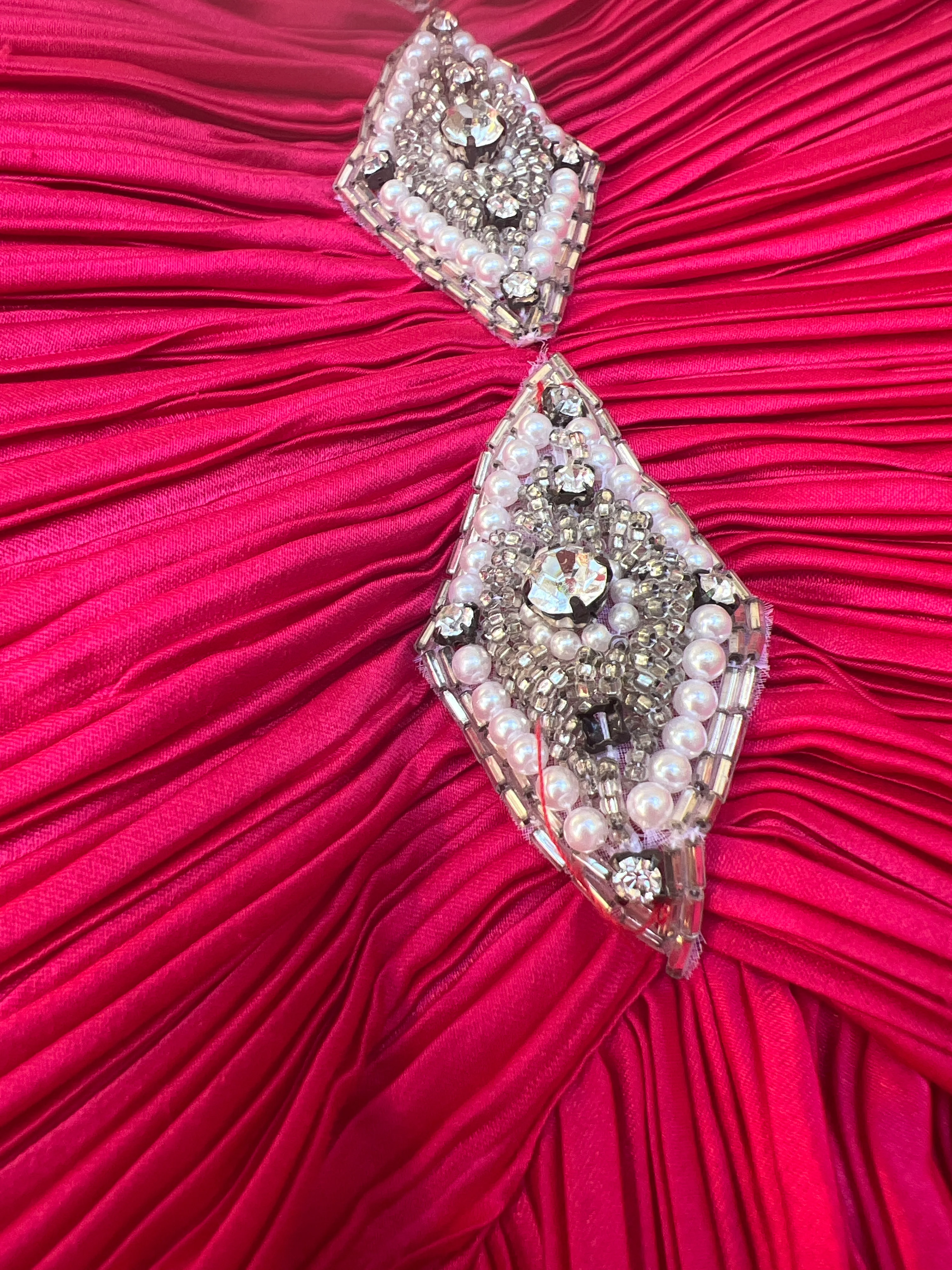 90s Hot Pink Gown Plisse Pleats Spaghetti Strap By Lillie Rubin - Image 10