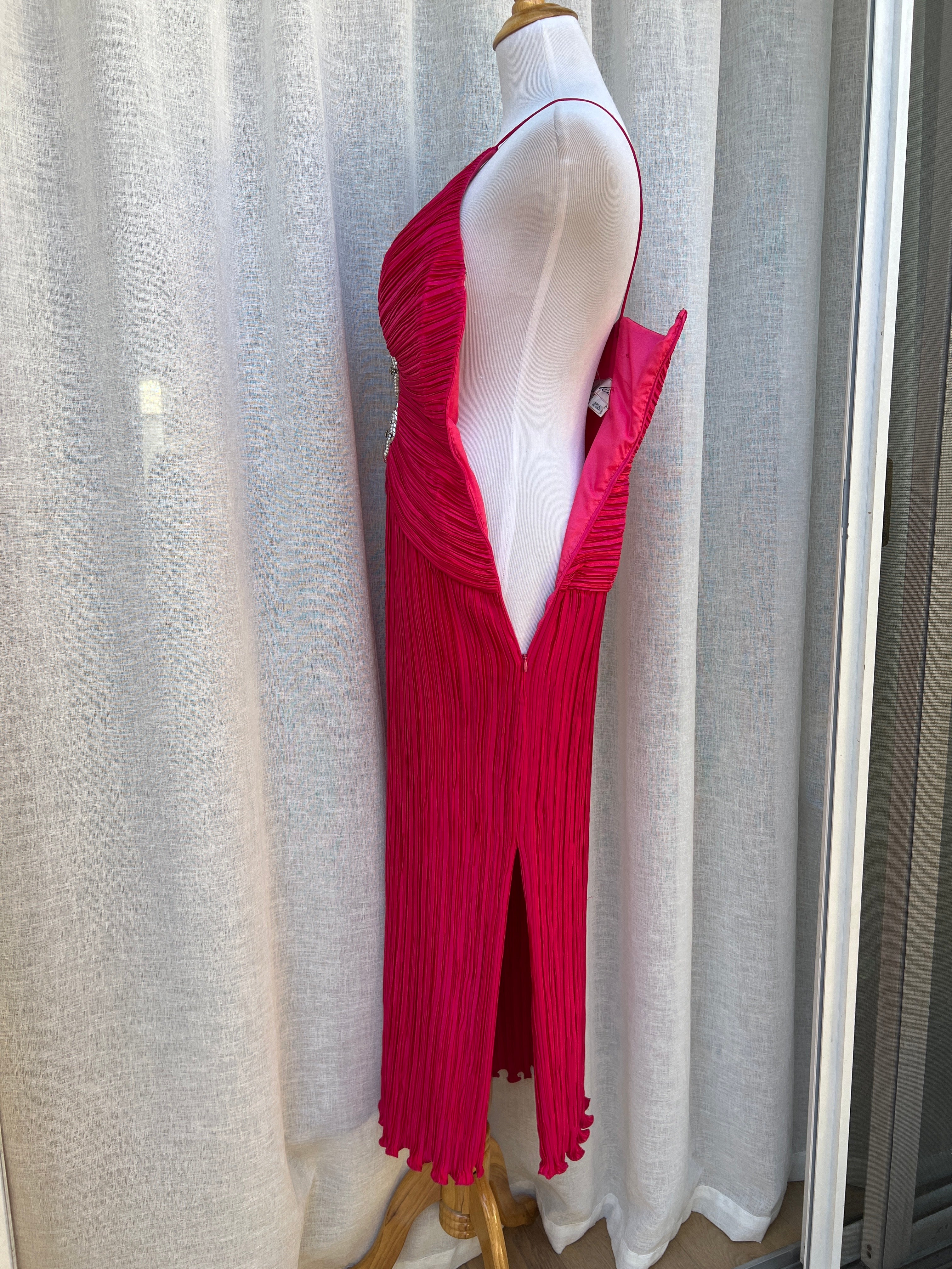 90s Hot Pink Gown Plisse Pleats Spaghetti Strap By Lillie Rubin - Image 6
