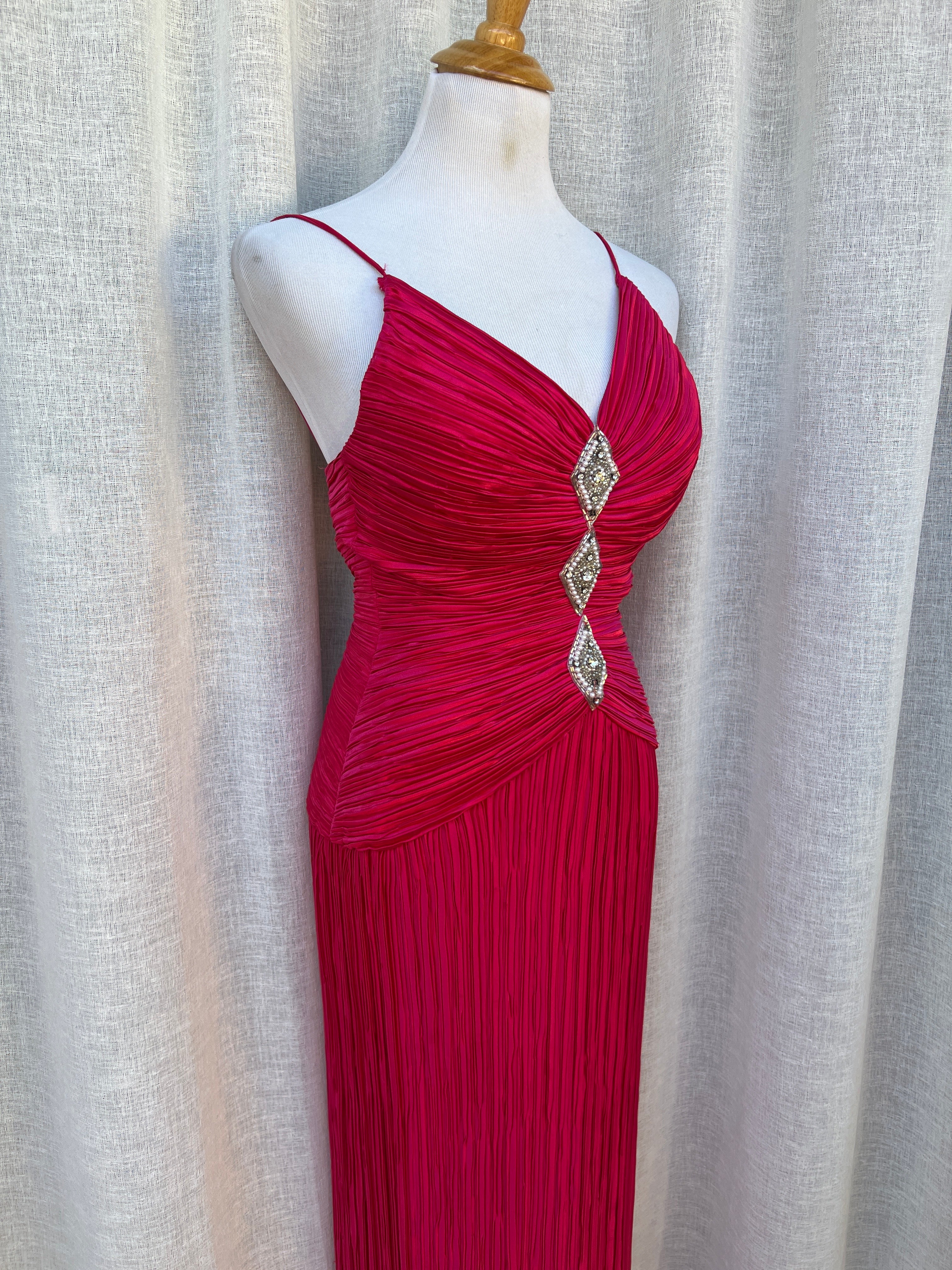 90s Hot Pink Gown Plisse Pleats Spaghetti Strap By Lillie Rubin - Image 8
