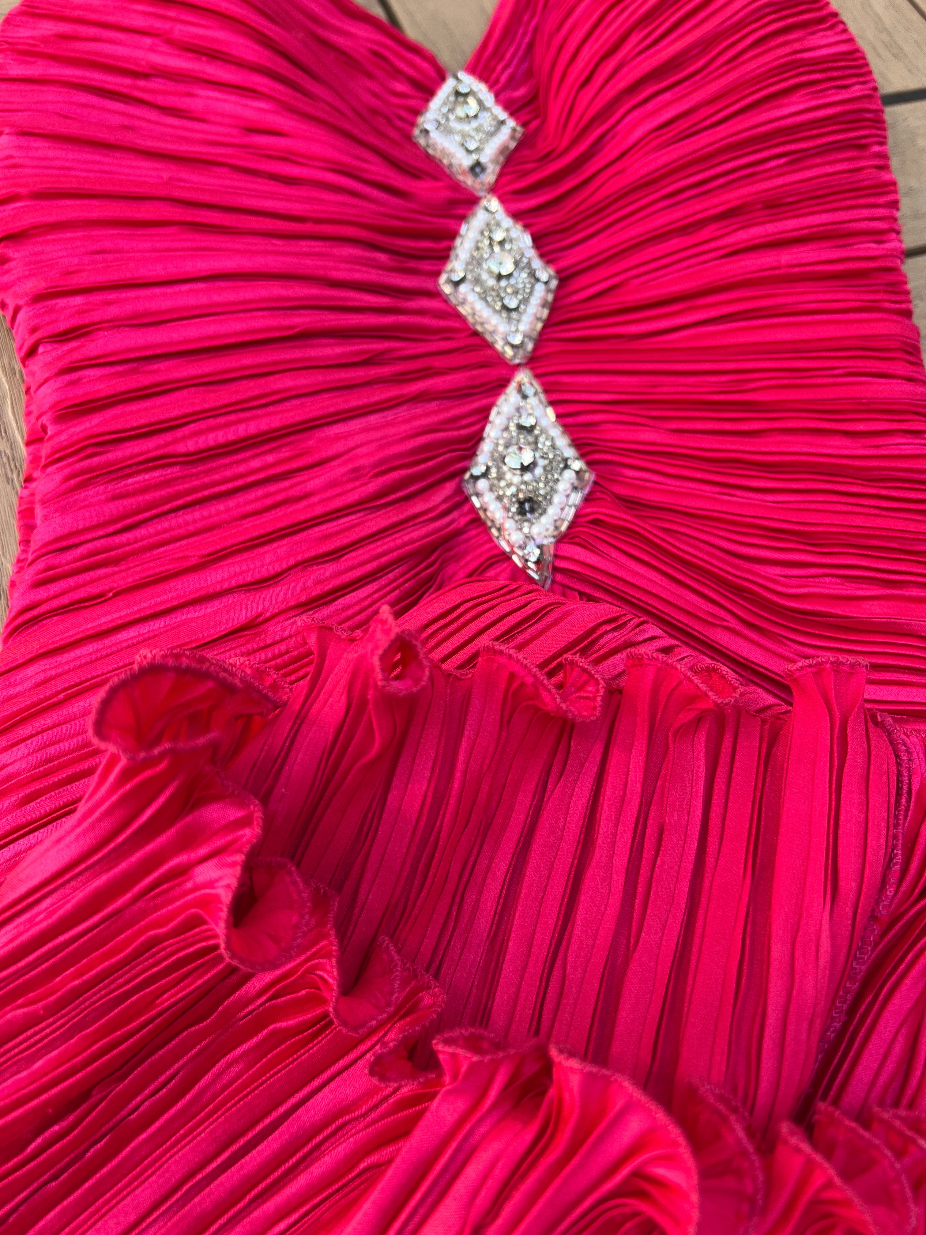 90s Hot Pink Gown Plisse Pleats Spaghetti Strap By Lillie Rubin - Image 9