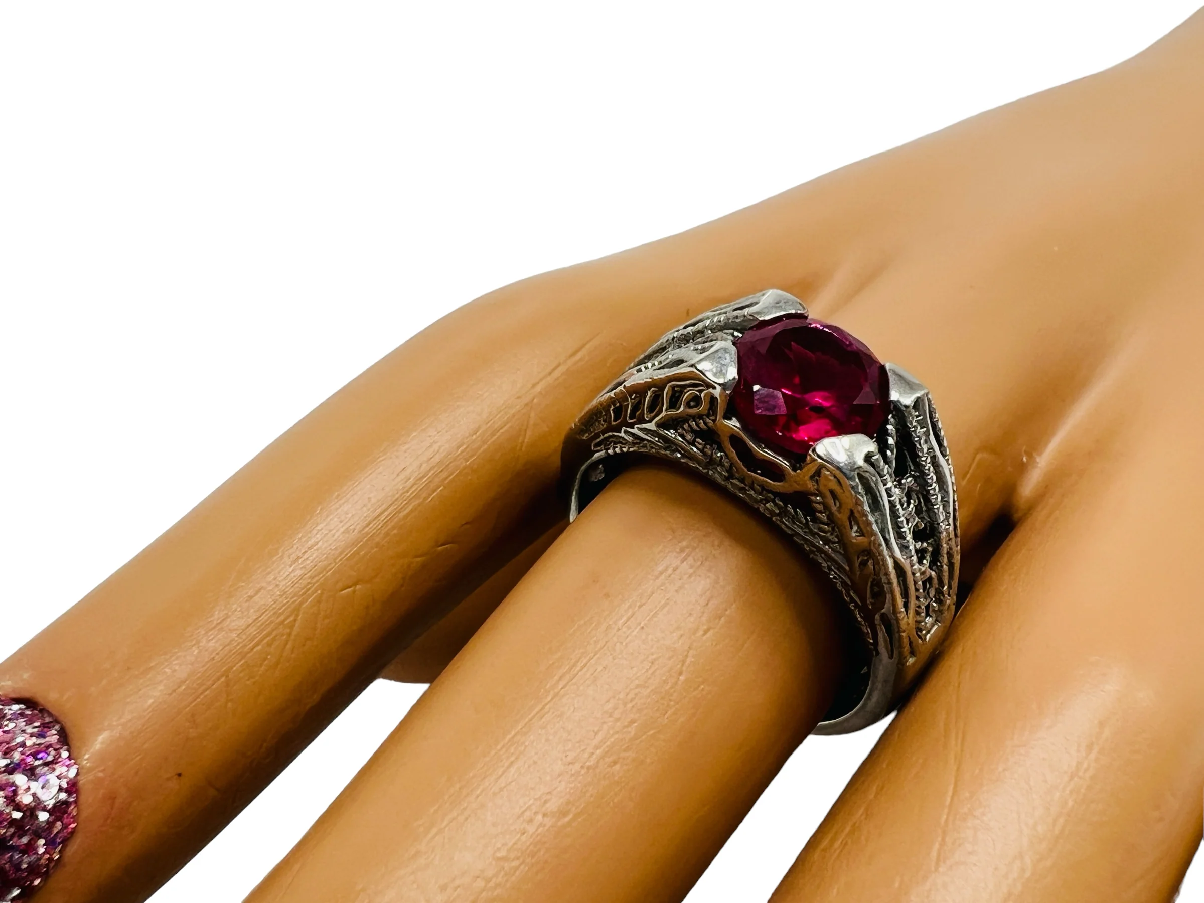 90s Ibb Sterling Silver Ring Edwardian Sytle Red Cz By Ibb - Image 5