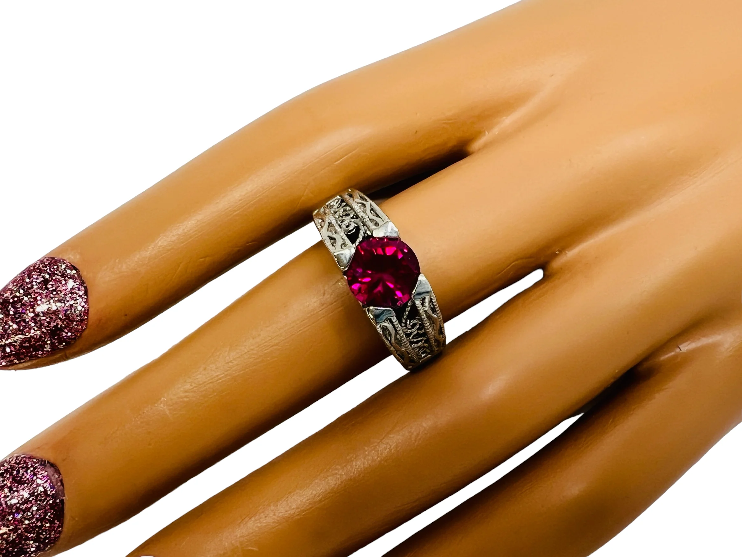 90s Ibb Sterling Silver Ring Edwardian Sytle Red Cz By Ibb - Image 8