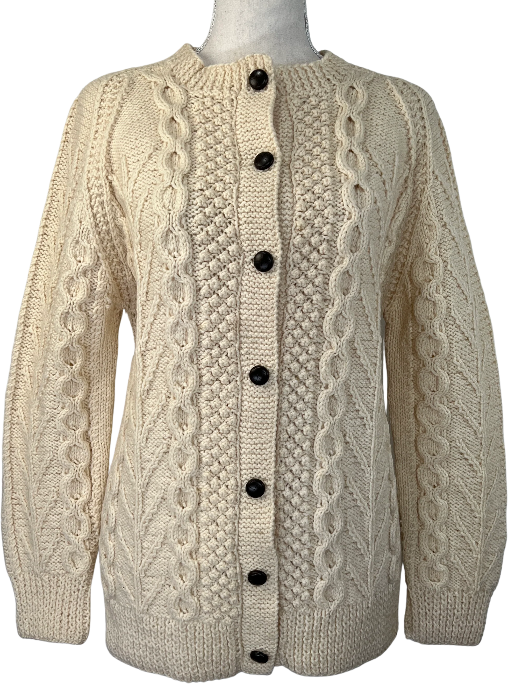 90s Ivory Irish Fisherman Wool Cable Knit Cardigan By Standun