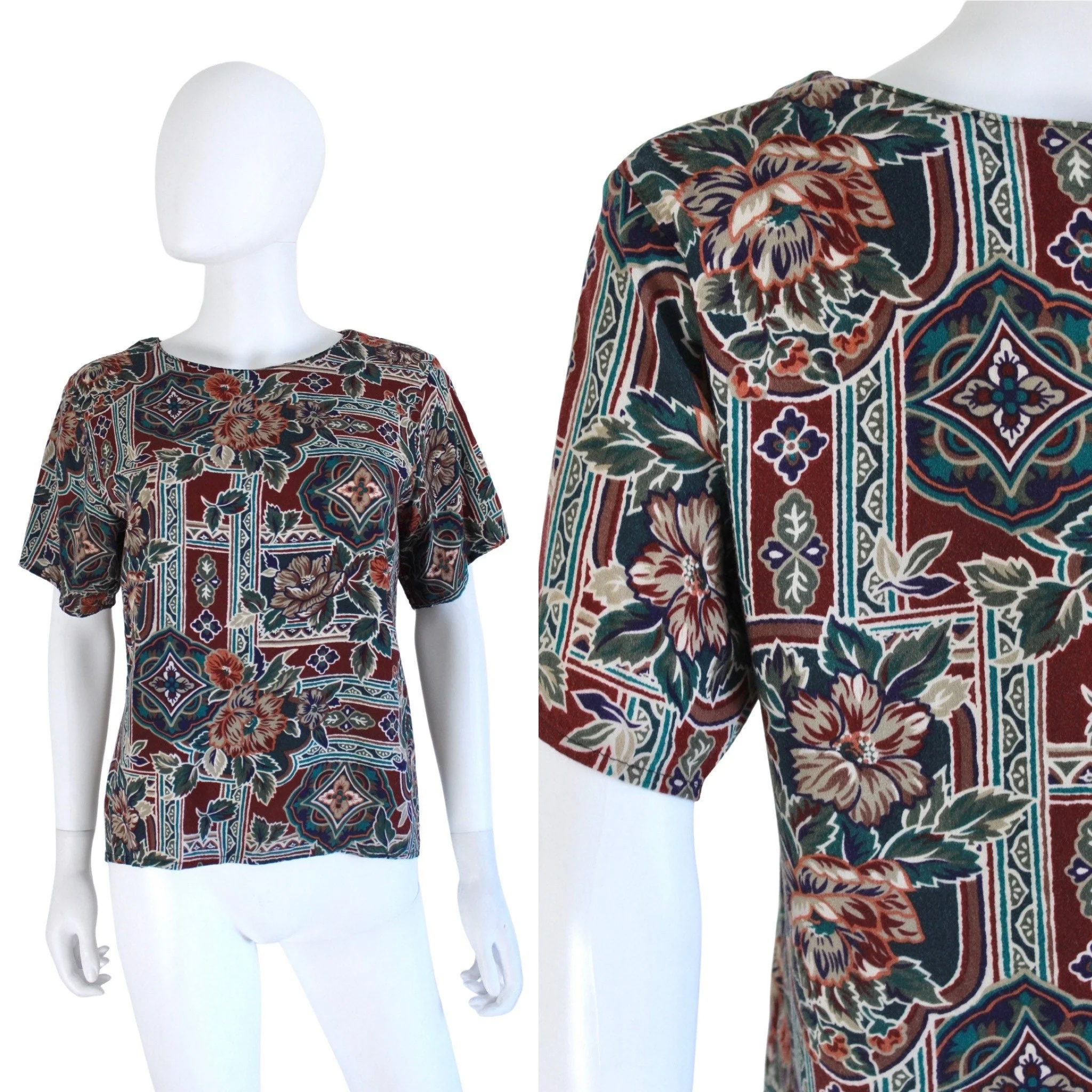 90s Jewel Tone Floral Print Blouse Size Small by Briggs - Image 3