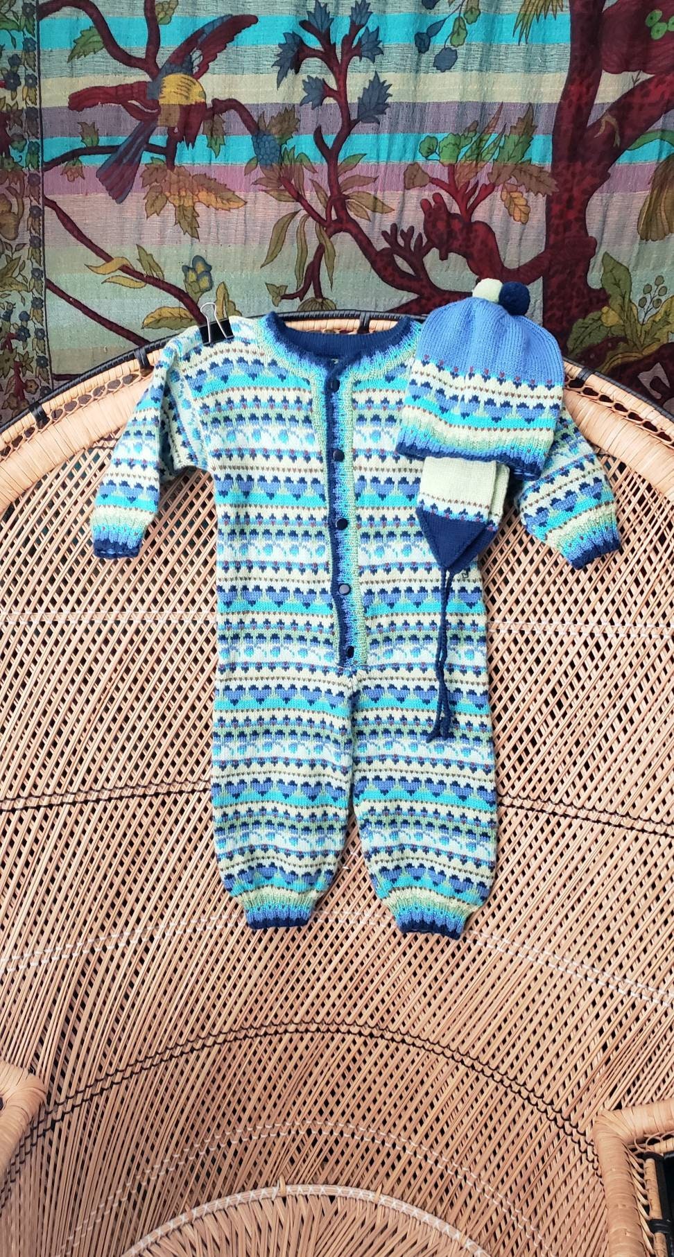 90s Knit Baby Bodysuit and Ear Flap Hat 24m Vintage Hand Knit Baby Bodysuit and Winter Hat, Hearts Bodysuit with Matching Hat, 24m - Image 2
