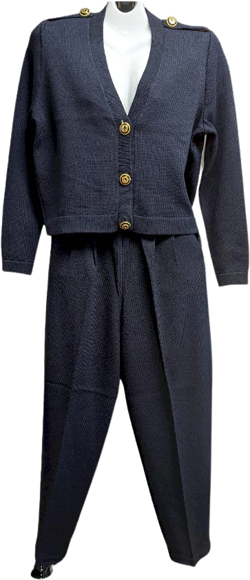 90s Knit Cardigan With Pants Navy Blue Crest Buttons By St. John Marie Gray