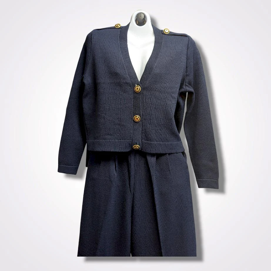 90s Knit Cardigan With Pants Navy Blue Crest Buttons By St. John Marie Gray - Image 3